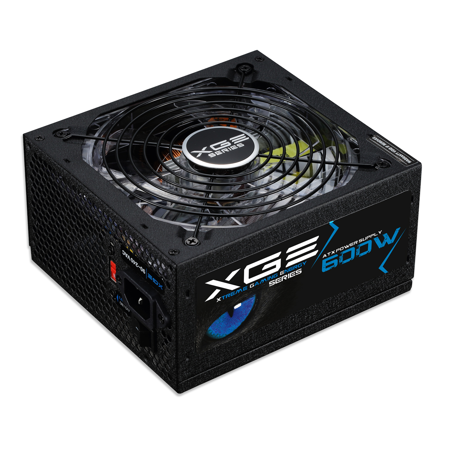 Alimentatore nero con ventola. Davanti logo e XGE SERIES. Il lato indica 600W.