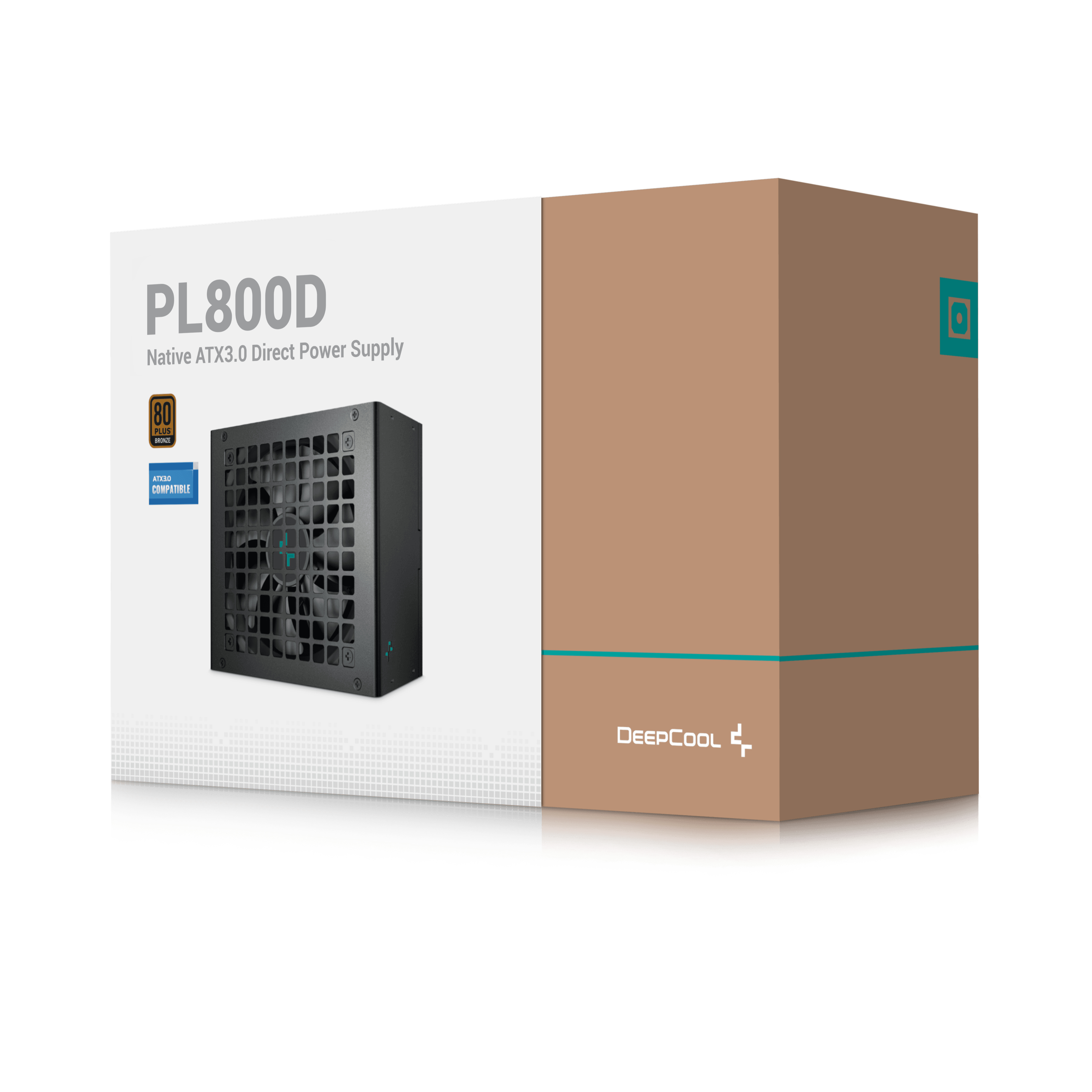 Scatola con un alimentatore per computer che mostra il modello PL800D, Native ATX3.0 Direct Power Supply, marchio DeepCool.