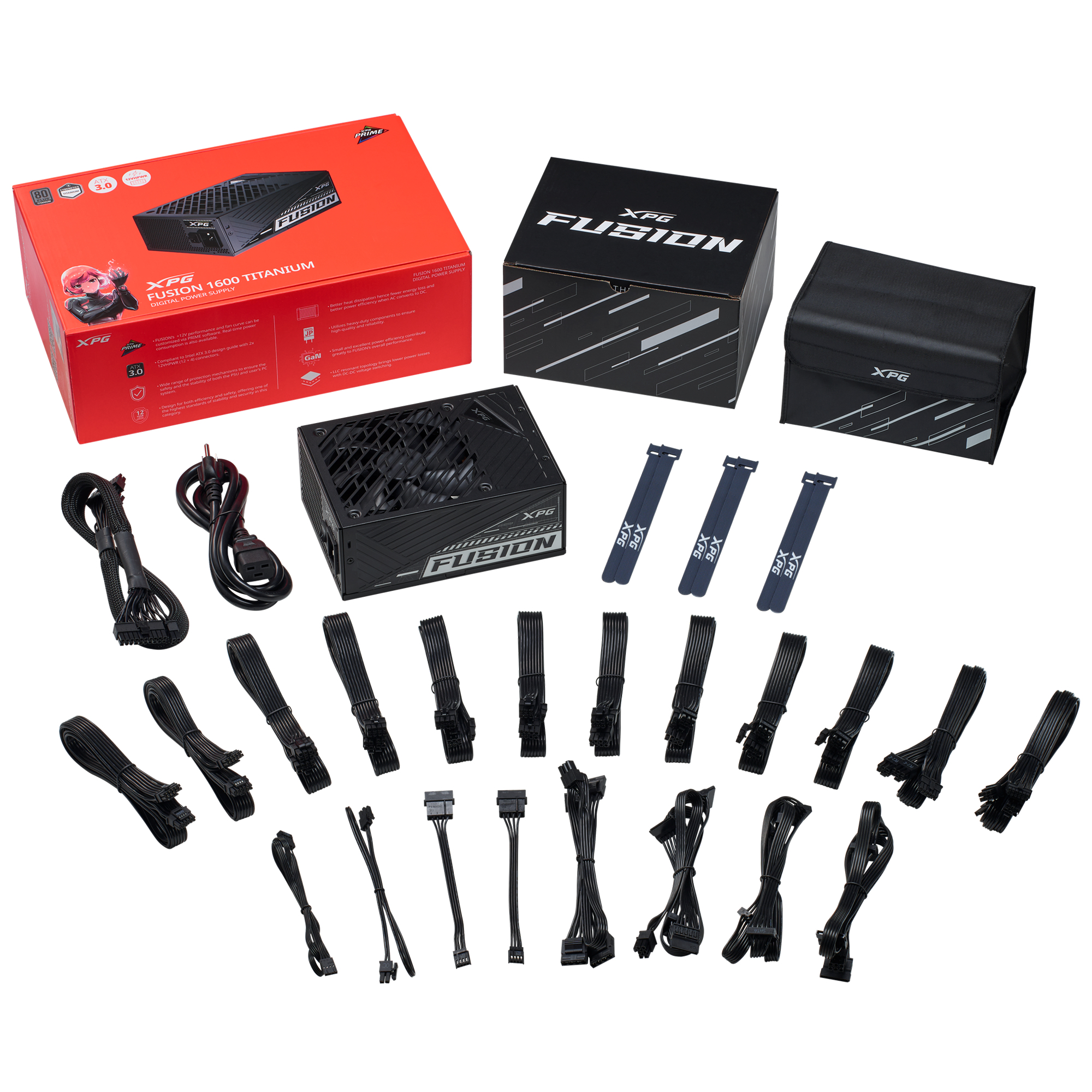 Kolekcja komponentów PC XPG Fusion, w tym zasilacz, kable i pudełka.