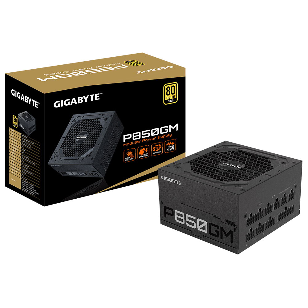Ein schwarzes Computer-Netzteil neben der Box, die den Markennamen GIGABYTE und die 80 Plus-Zertifizierung hat.