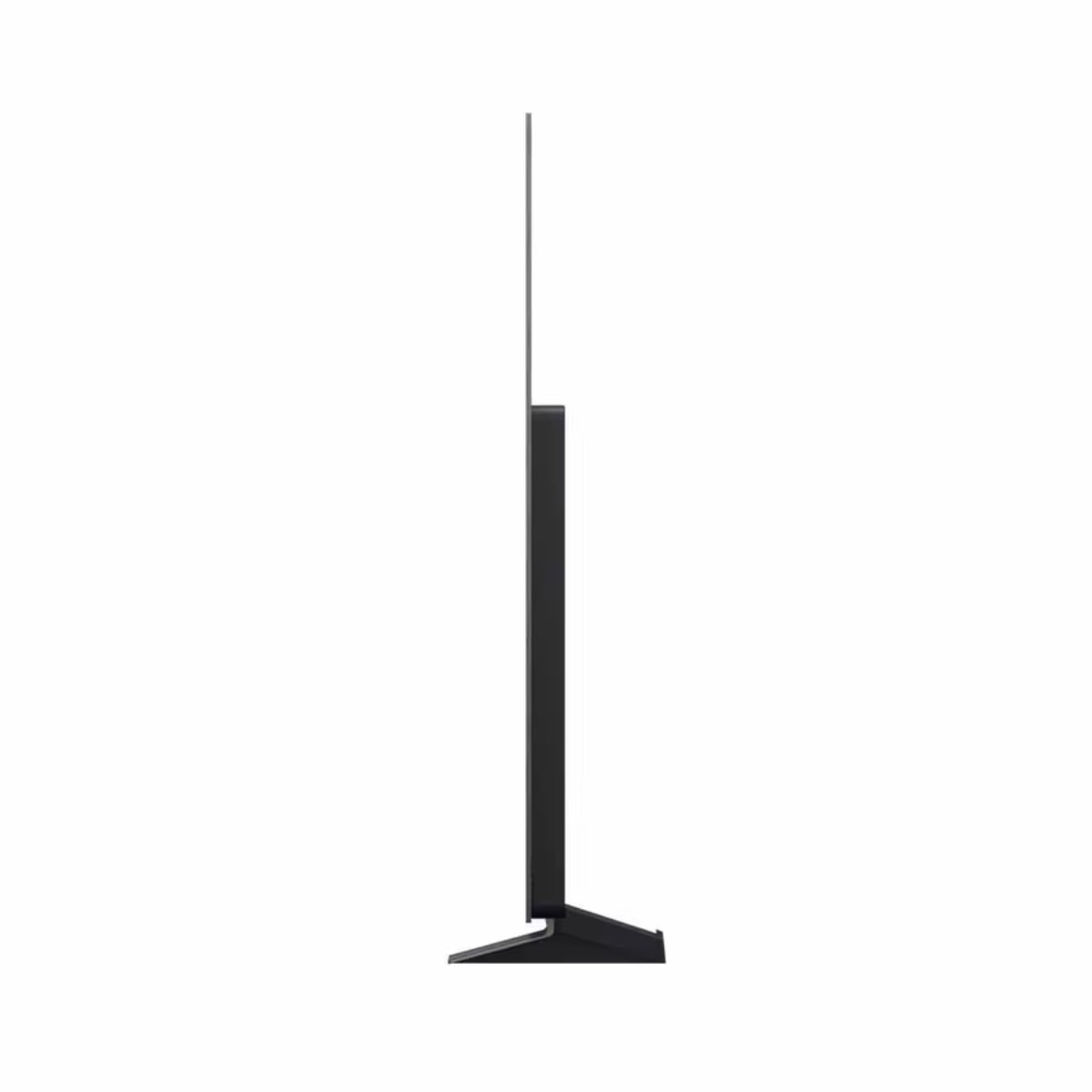 Vue latérale d'un téléviseur noir. L'écran est éteint. Un support maintient le téléviseur.