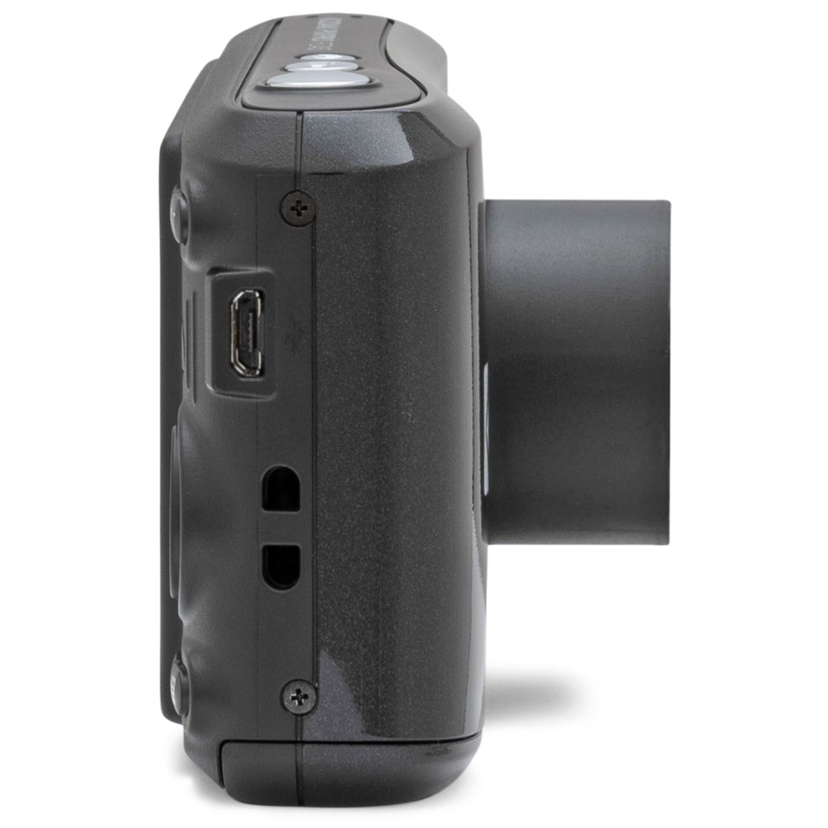 Widok z boku czarnego aparatu z obiektywem. Port USB i inne funkcje są widoczne z boku.