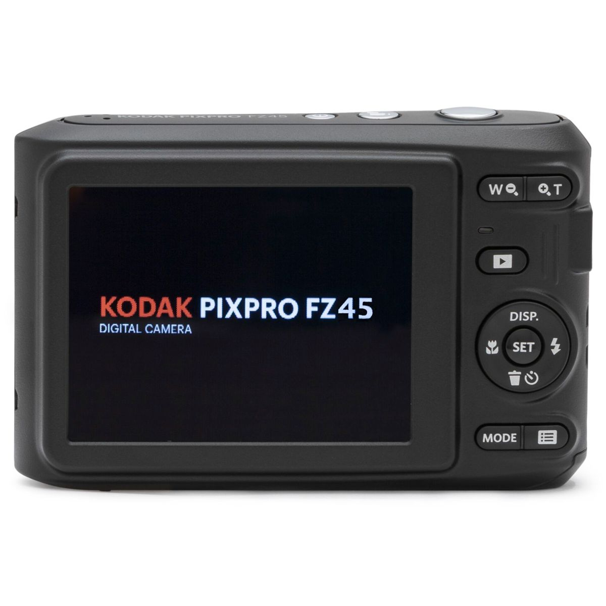 Tył czarnego aparatu z logo Kodak Pixpro FZ45 na ekranie. Widoczne są również przyciski wyświetlacza.
