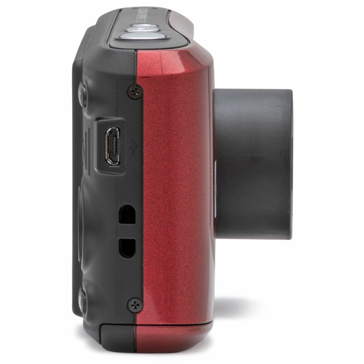 Widok z boku na czerwono-czarny aparat z obiektywem. Port USB jest widoczny z boku.