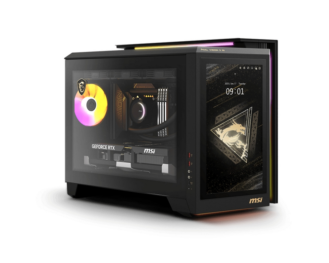 Saat, tarih ve PC Mag ödüllerini gösteren bir ekrana sahip siyah bir MSI MEG Vision X AI PC kulesi, yandan görünüm.