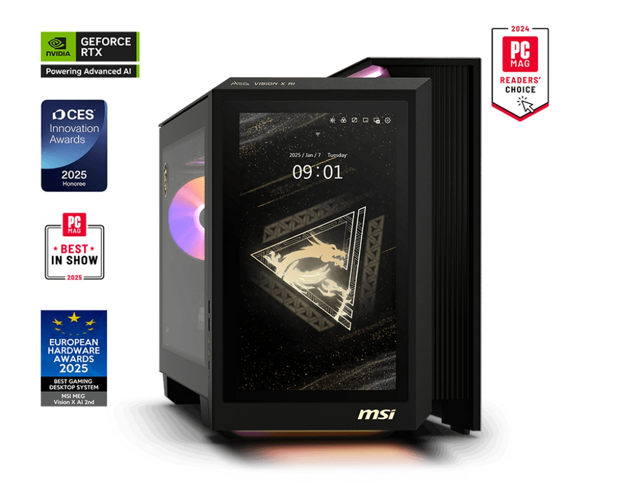 Saat, tarih ve PC Mag ödüllerini gösteren bir ekrana sahip siyah bir MSI MEG Vision X AI PC kulesi.