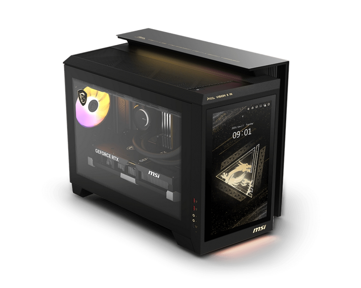 Açılı olarak saat, tarih ve PC Mag ödüllerini gösteren bir ekrana sahip siyah bir MSI MEG Vision X AI PC kulesi.