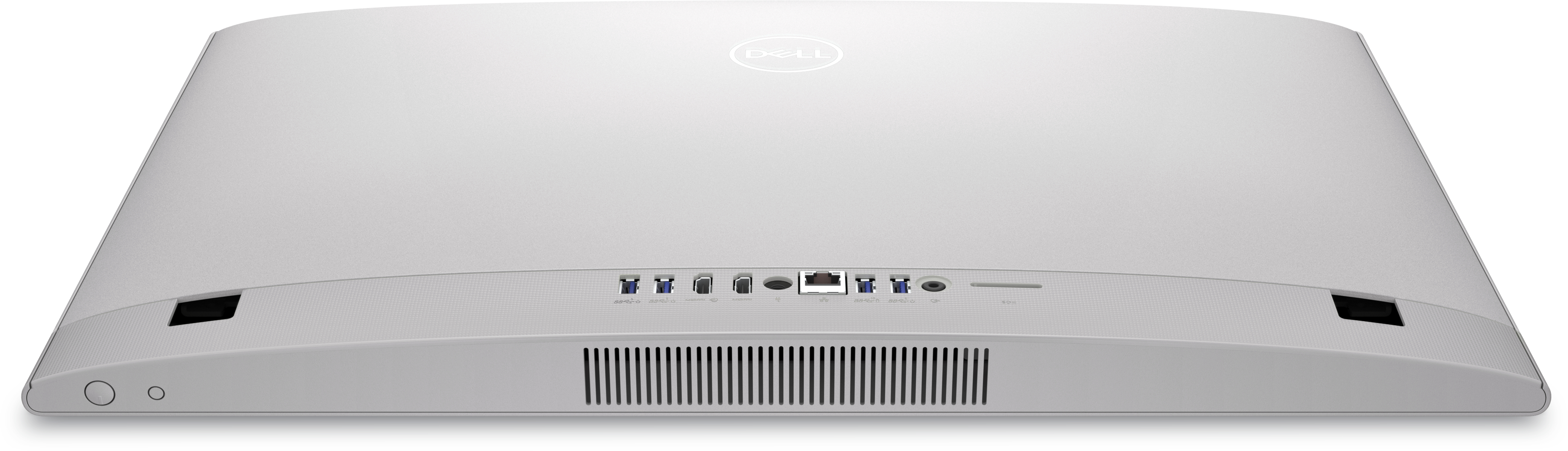 Draufsicht auf einen weißen Dell All-in-One-Computer, zeigt die Rückseite mit Anschlüssen und Belüftung.