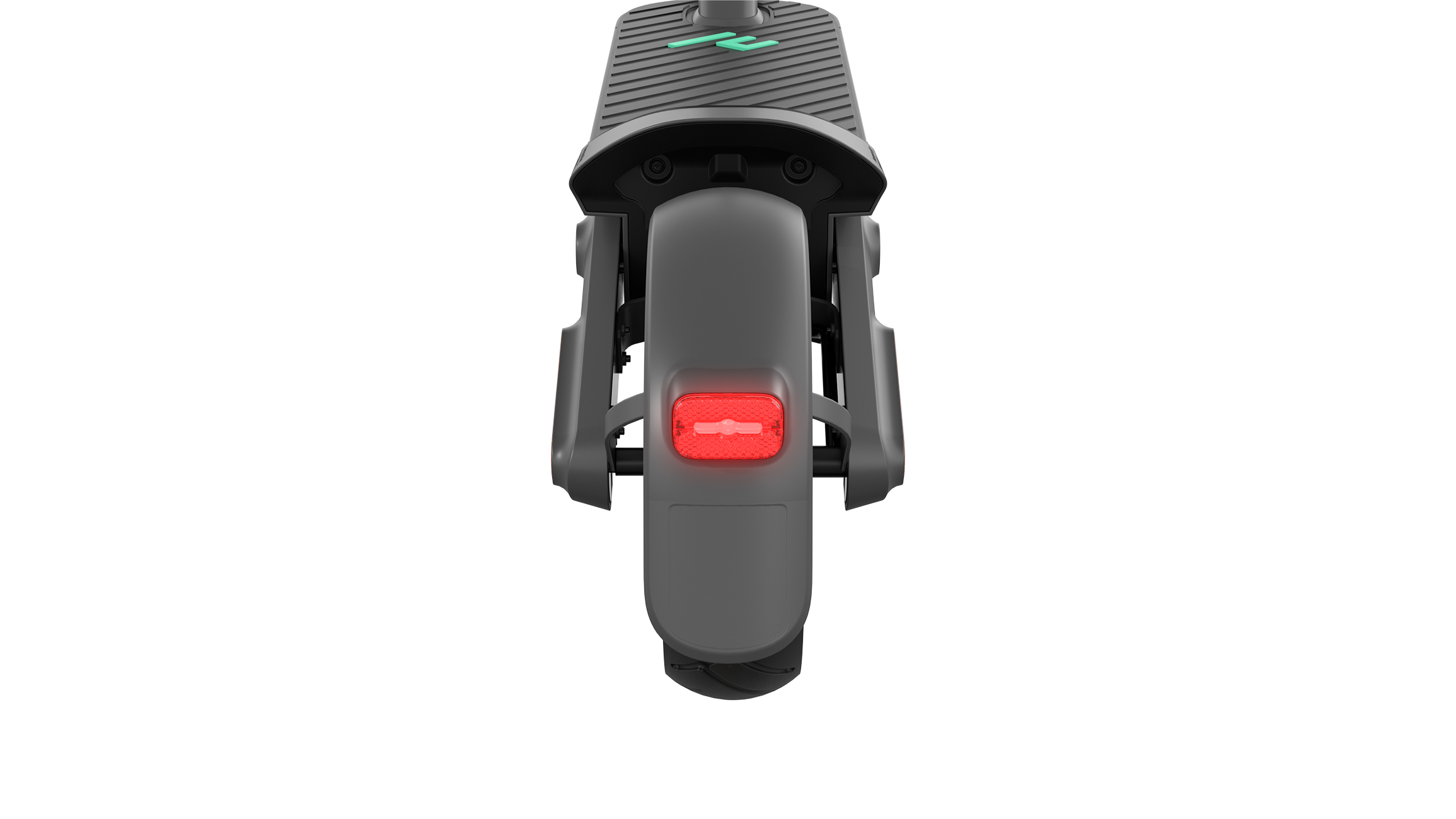Das Heck eines Rollers, grauer Körper und rotes Licht. Der Roller steht auf weißem Hintergrund.