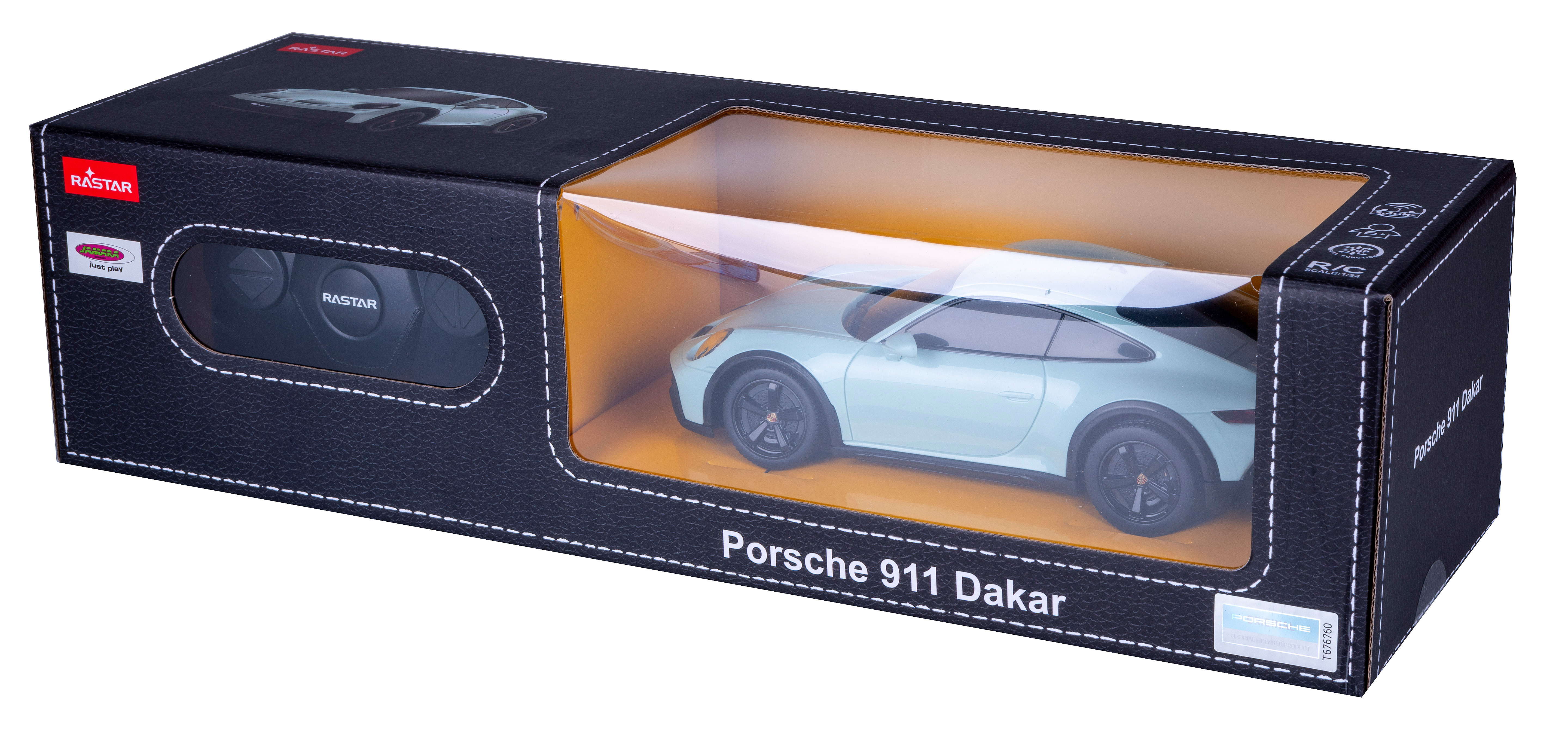 Blaues Spielzeugauto in einer Schachtel mit der Aufschrift Porsche 911 Dakar.