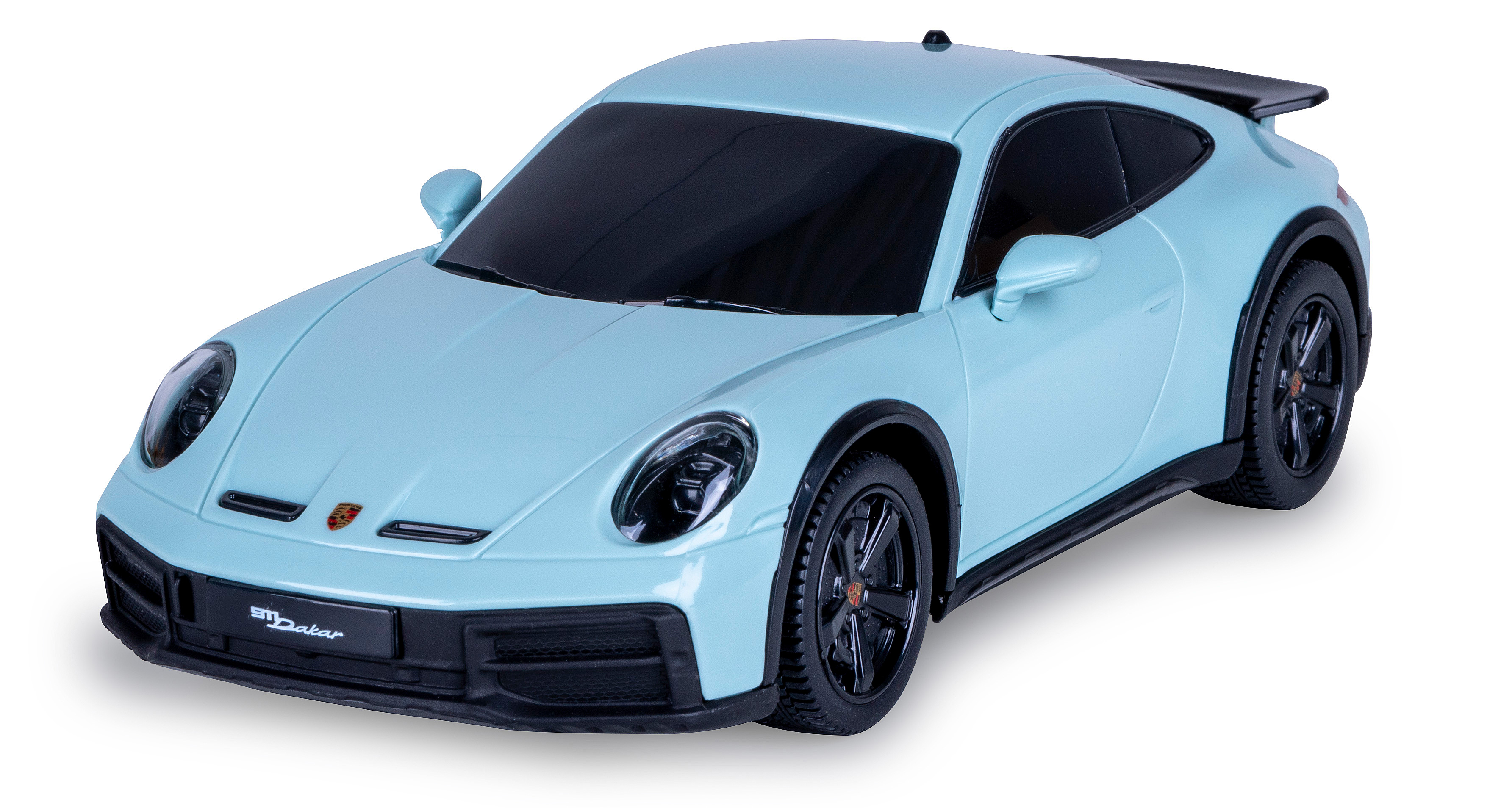 Ein hellblaues Spielzeugauto, ein Porsche 911 Dakar Modell, auf weißer Oberfläche. Es hat schwarze Räder.