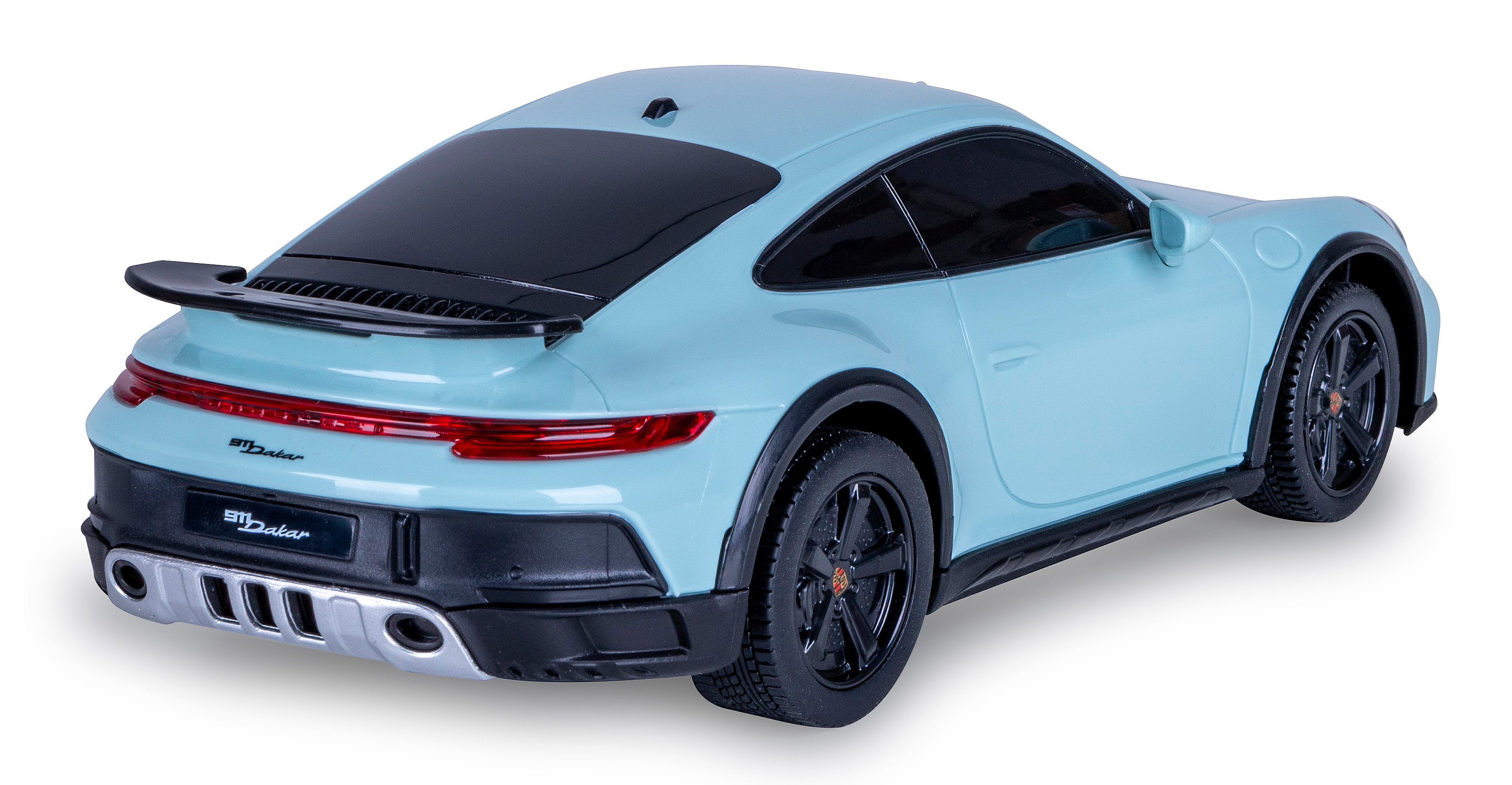 Rückansicht eines hellblauen Spielzeug-Porsche 911 Dakar. Schwarzer Spoiler, Räder und Heckdetails sichtbar.