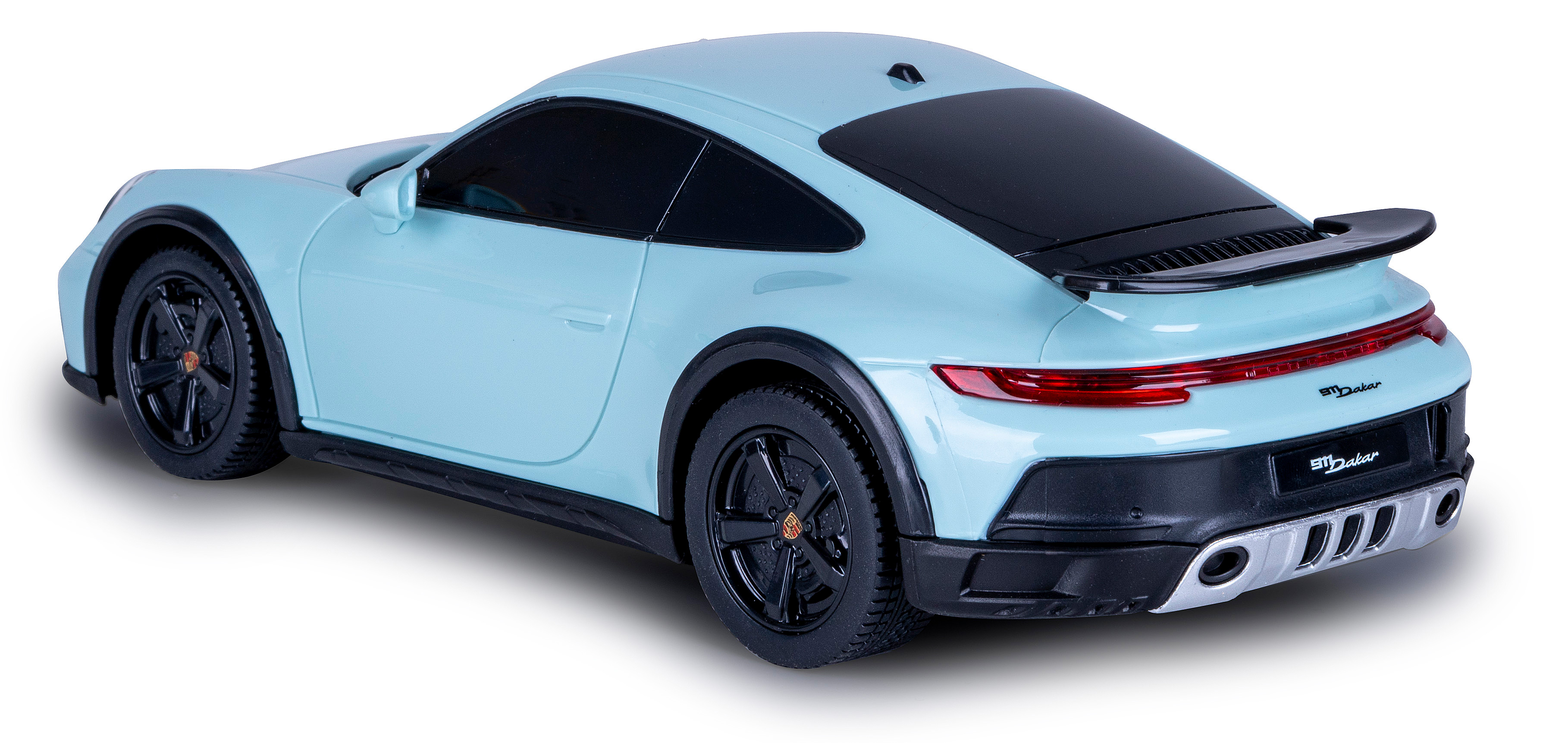 Die Rückansicht eines hellblauen Spielzeugautos auf weißer Oberfläche. Es ist ein Porsche 911 Dakar Modell.