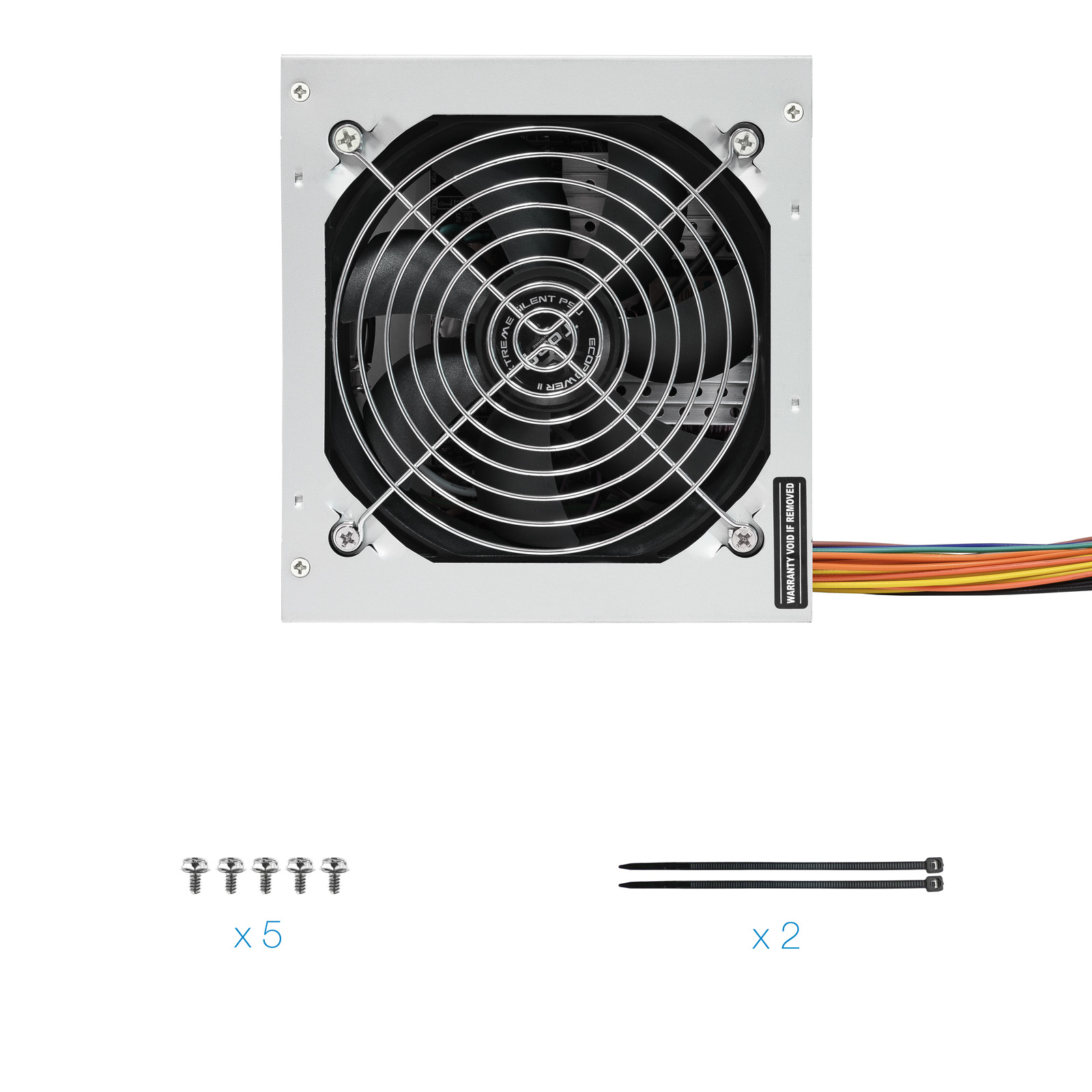 Una fuente de alimentación de computadora con ventilador, rejilla metálica y cables, junto con tornillos y bridas.