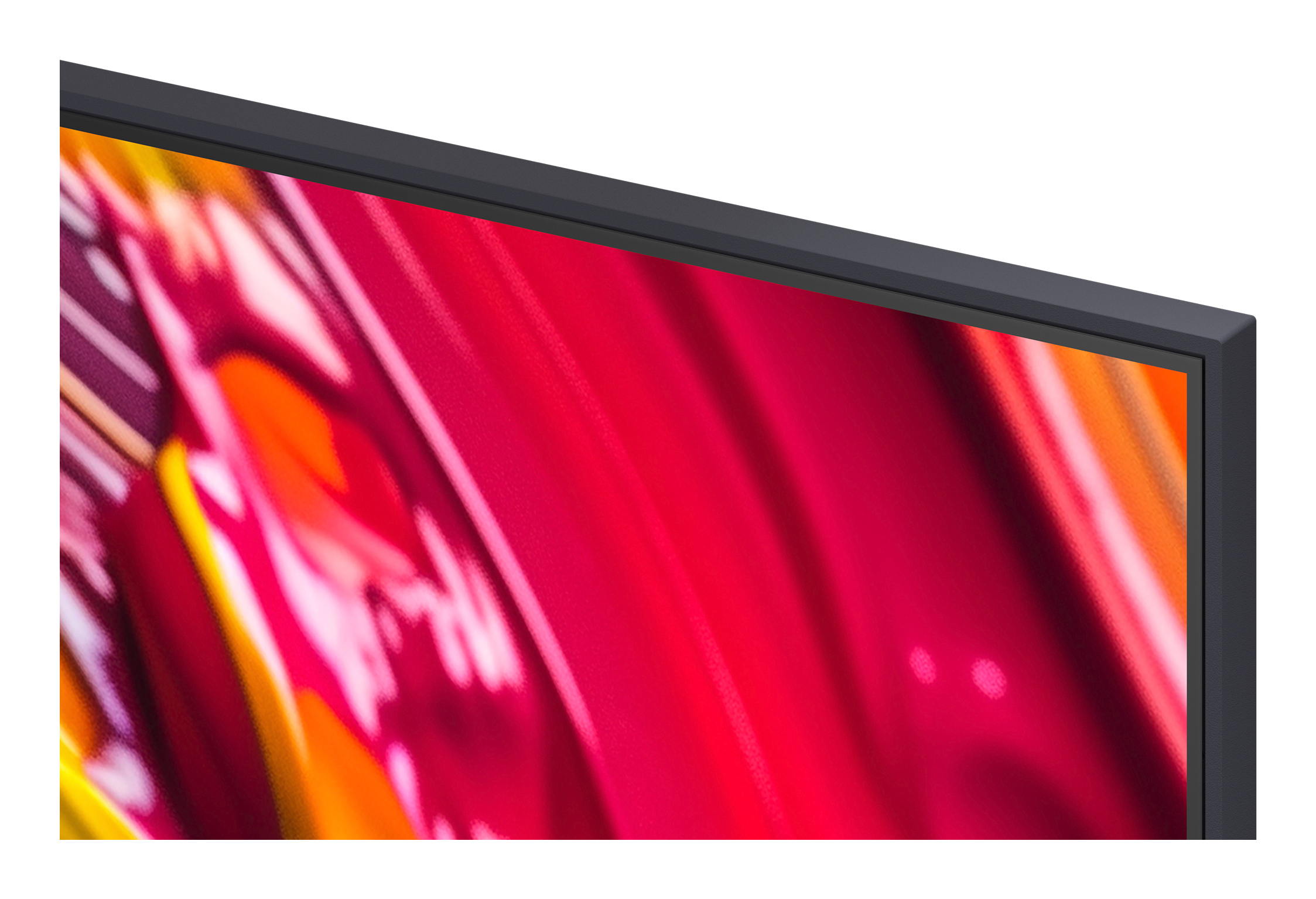 Zbliżenie rogu telewizora. Pokazuje ciemnoszarą ramę i kolorowy, abstrakcyjny obraz na ekranie.