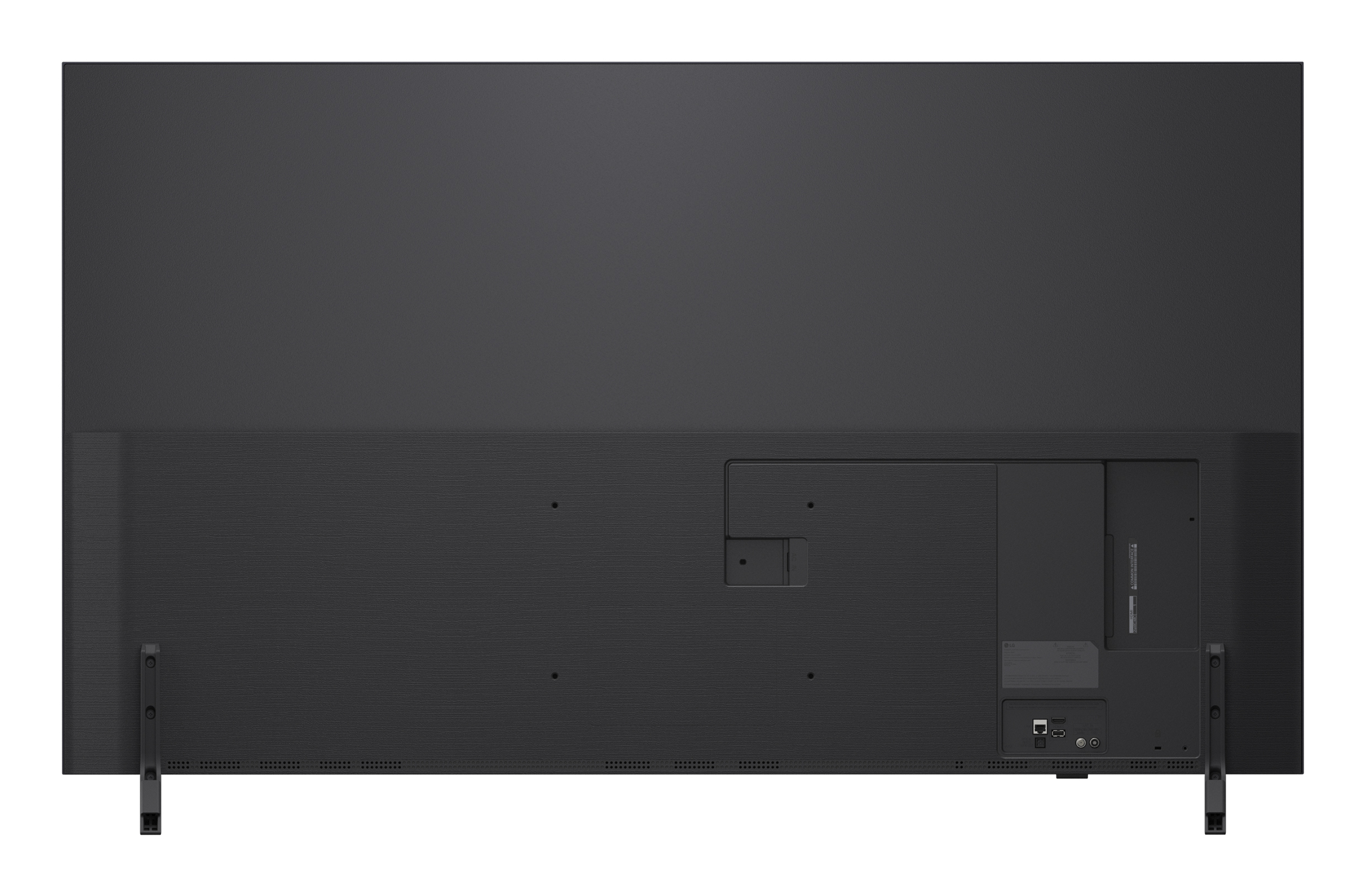 Czarny tył telewizora z nogami, pokazujący porty i szczegóły konstrukcyjne.
