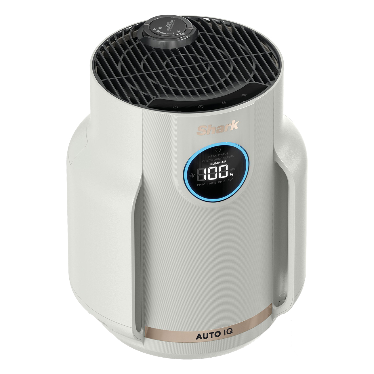 Purificatore d'aria Shark bianco e grigio. Ha un display digitale che mostra il 100% di aria pulita. La parte superiore ha un pannello di controllo e una griglia.
