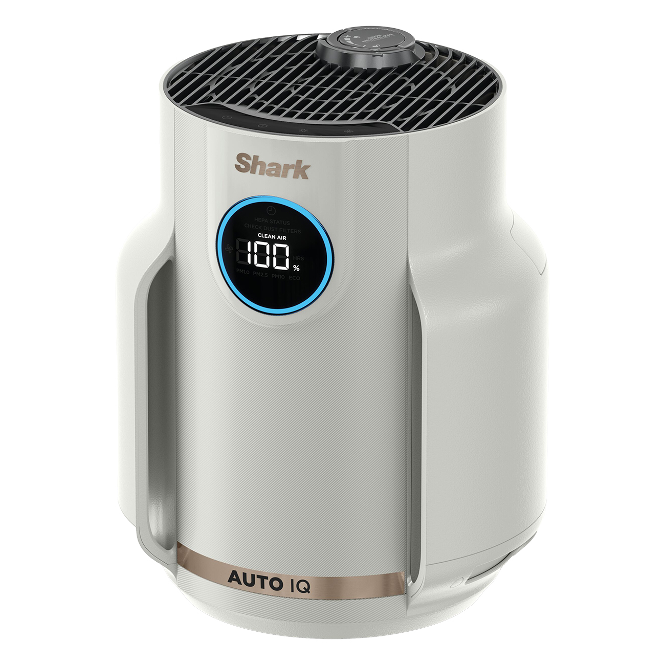 Un purificatore d'aria con display digitale che mostra '100%' e 'CLEAN AIR'.