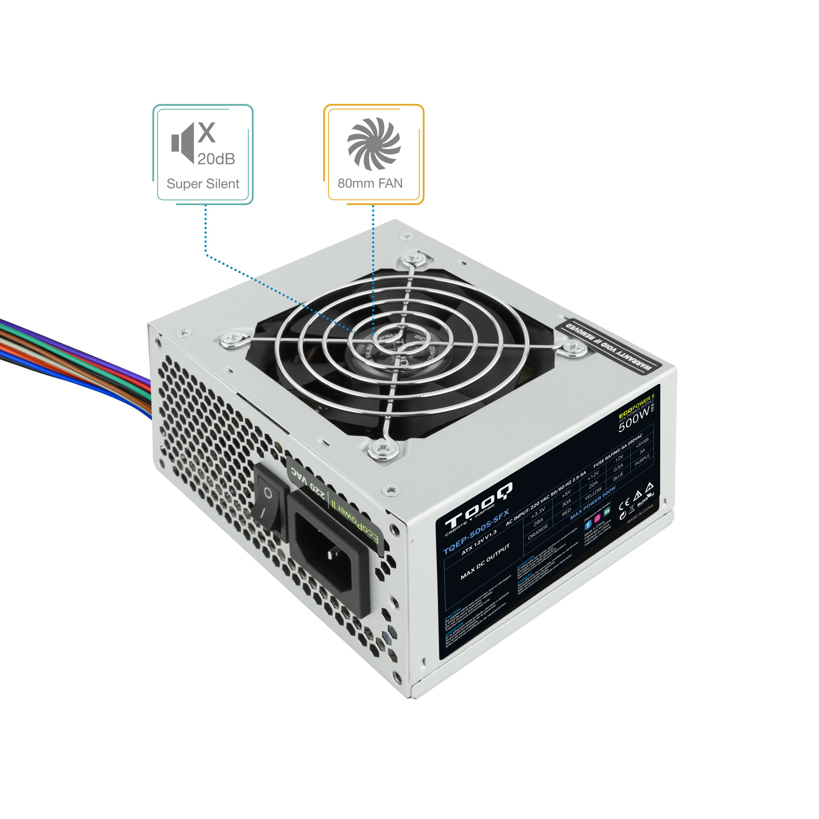 Een computer voeding met een 80mm ventilator en connector stekkers.