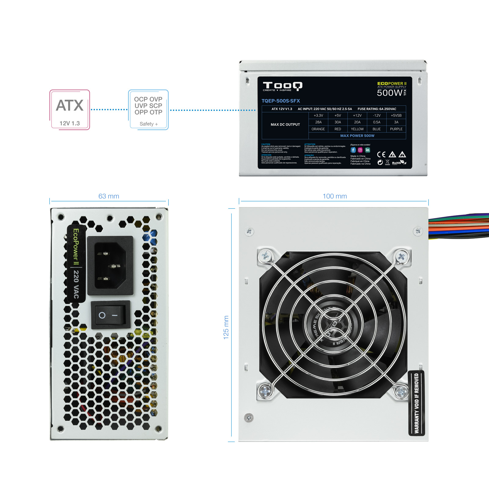Een diagram van een computer voeding met diverse labels en details.