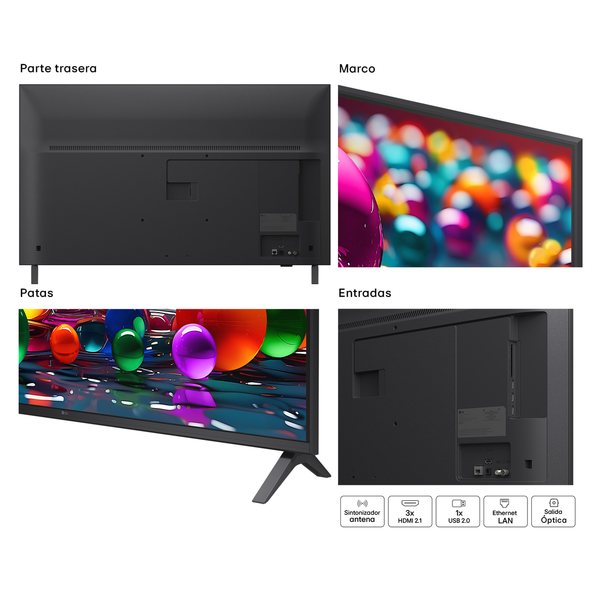 Cztery obrazy przedstawiające części i funkcje telewizora LG, w tym widoki z tyłu i z boku.