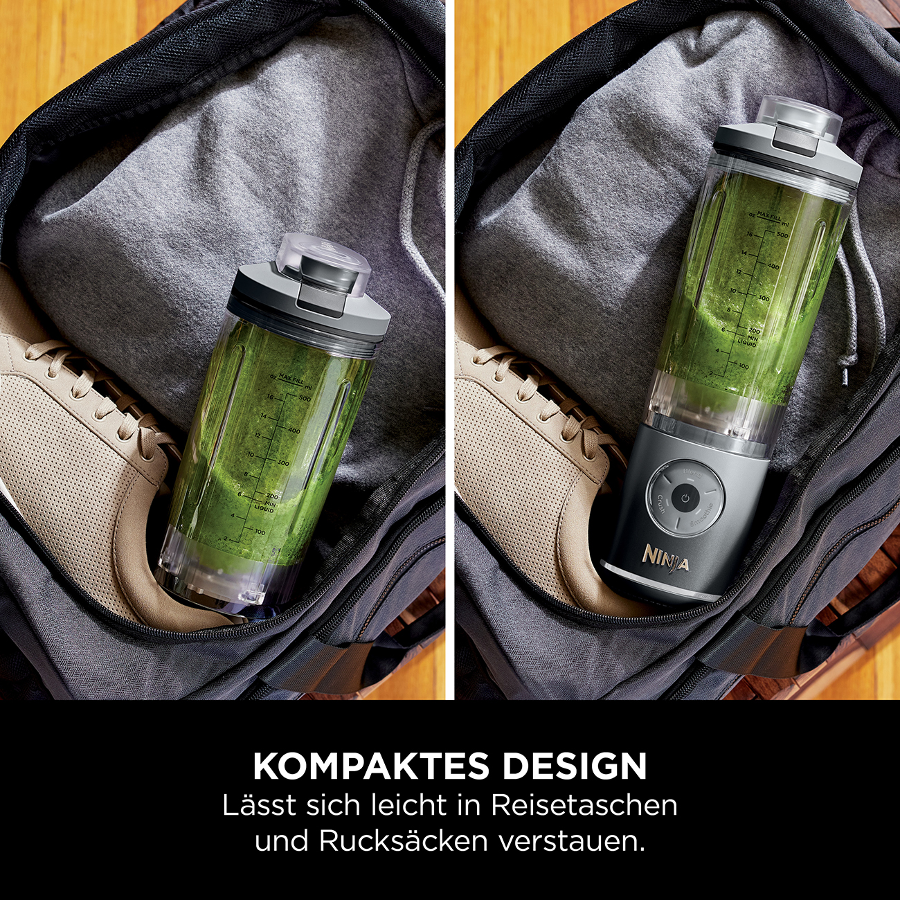 Ein Ninja-Mixer befindet sich in einem schwarzen Rucksack, neben einem beigen Schuh, auf einer Holzoberfläche.
