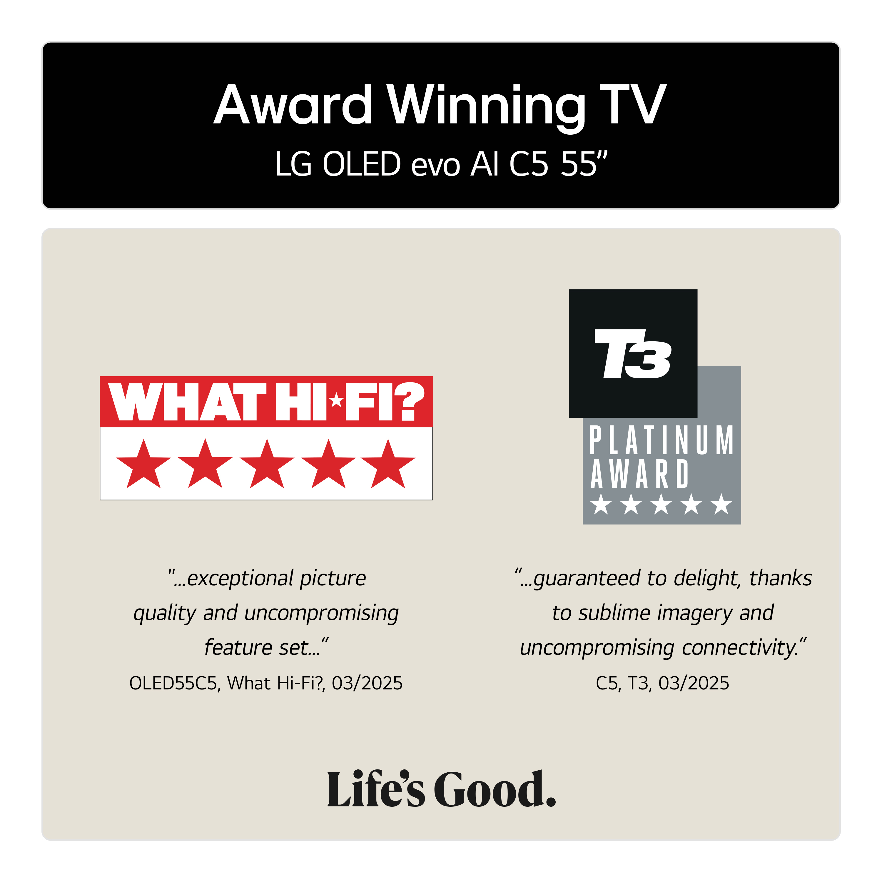 TV premiata con recensioni positive e valutazioni da What Hi-Fi? e T3.