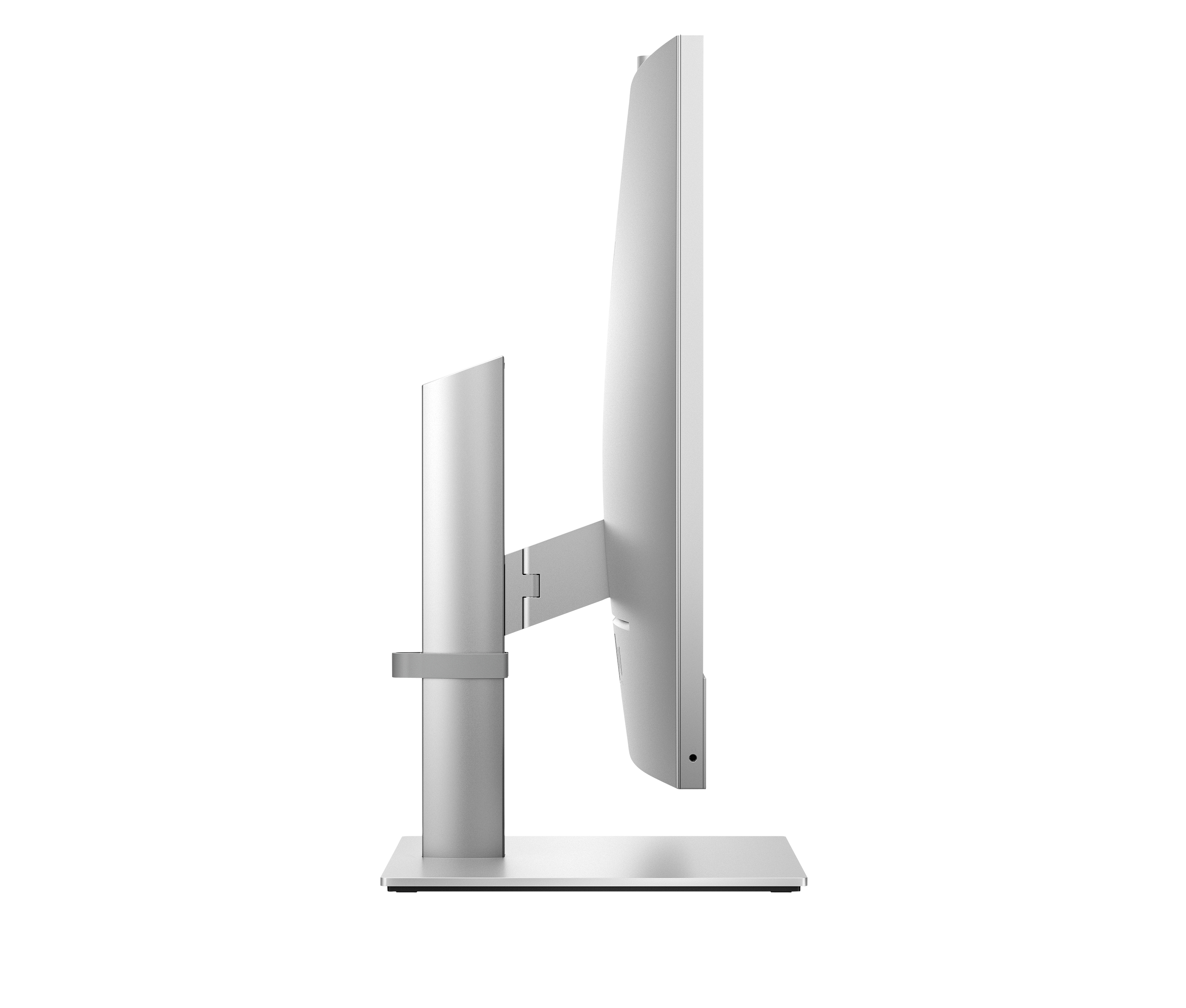 Srebrny monitor komputerowy HP jest pokazany z boku. Ma prostokątną podstawę i pionową podstawkę.