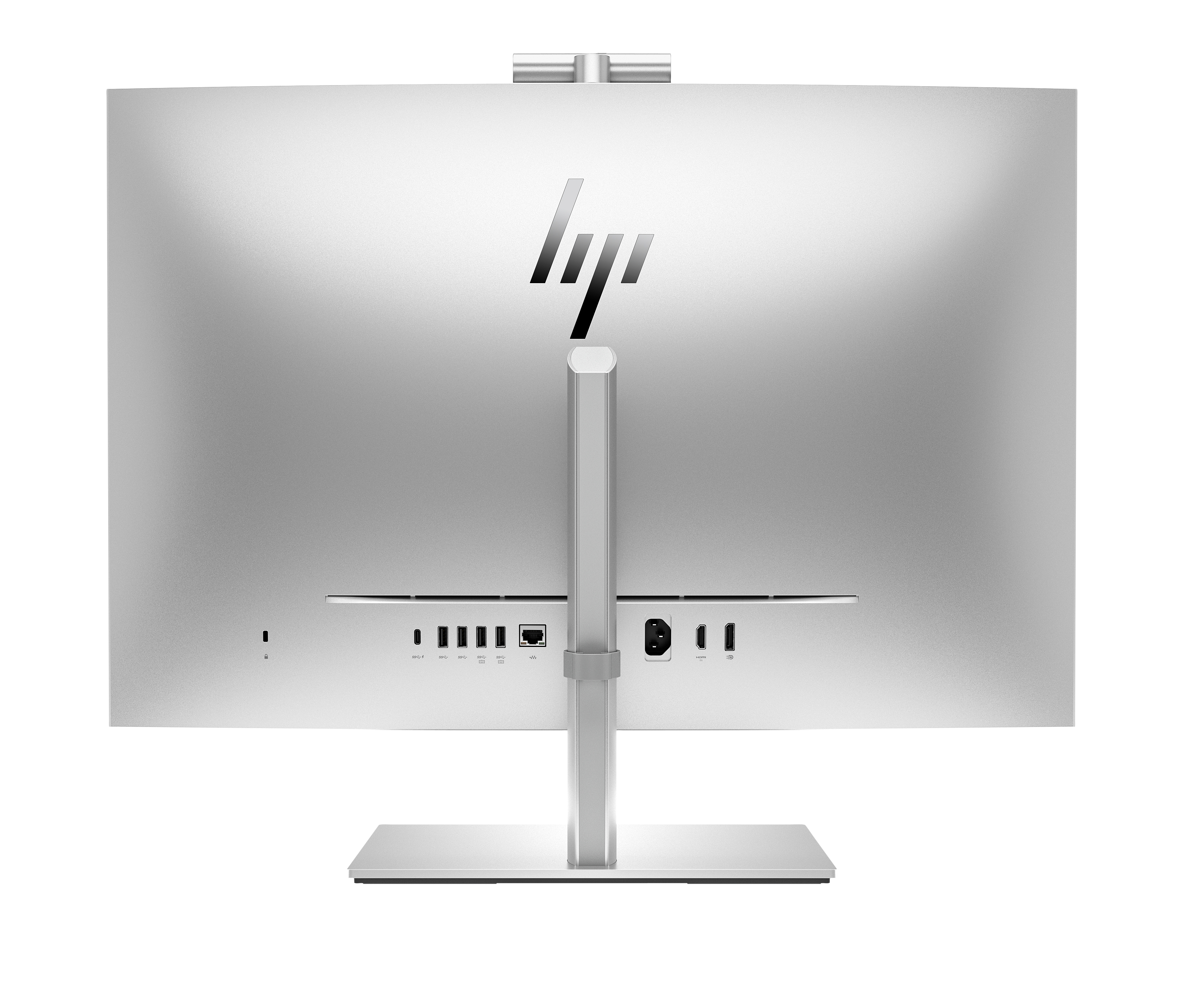 Tył srebrnego komputera HP all-in-one jest pokazany, z logo HP i różnymi portami.