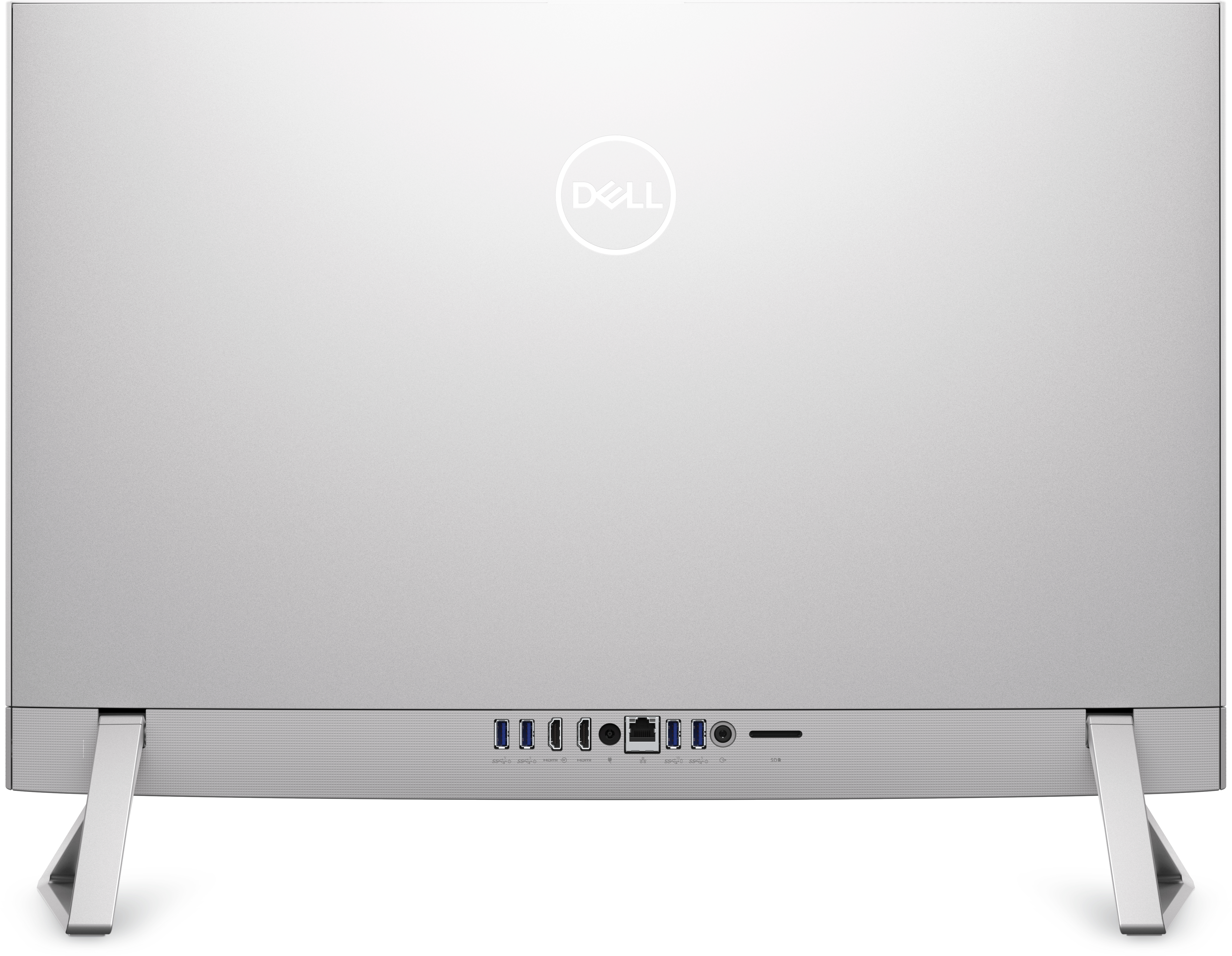 Vista posteriore di un monitor per computer argentato con porte. Il logo Dell è in alto al centro.