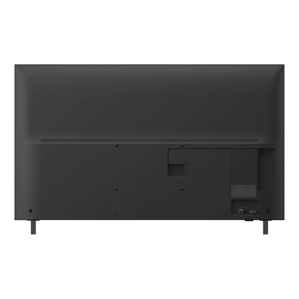 Tył czarnego telewizora ze stojakiem i portami. Telewizor jest na białym tle.