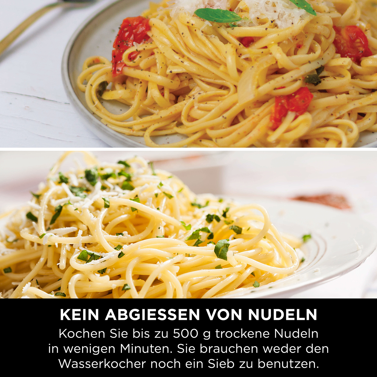 Two plates of pasta with different toppings. The text below says 'NO DRAINING NOODLES'.