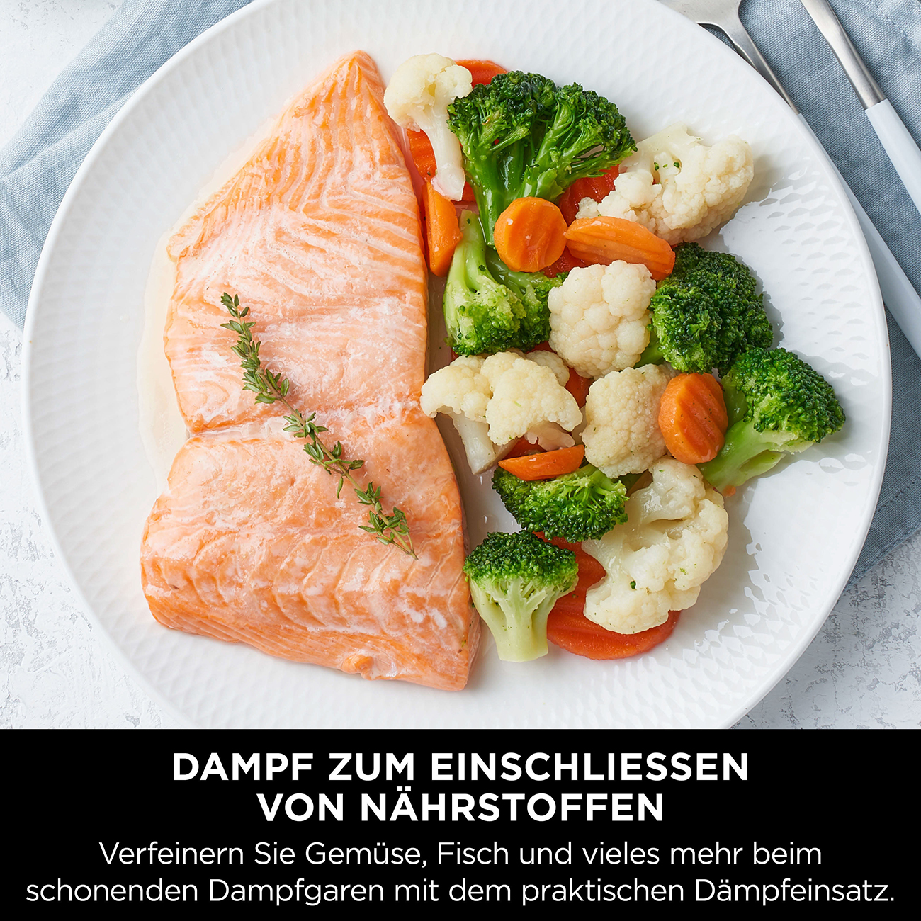 Salmon and vegetables on a white plate. Text: Dampf zum Einschliessen von Nährstoffen.