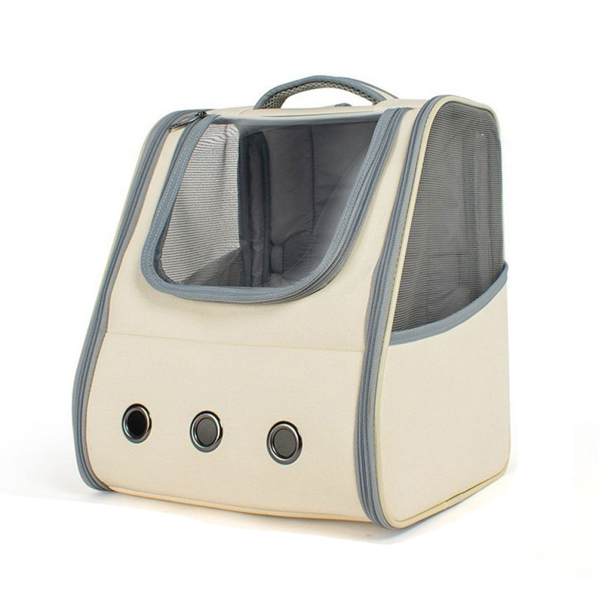 Mochila transportadora para mascotas beige con ventana transparente y laterales de malla.