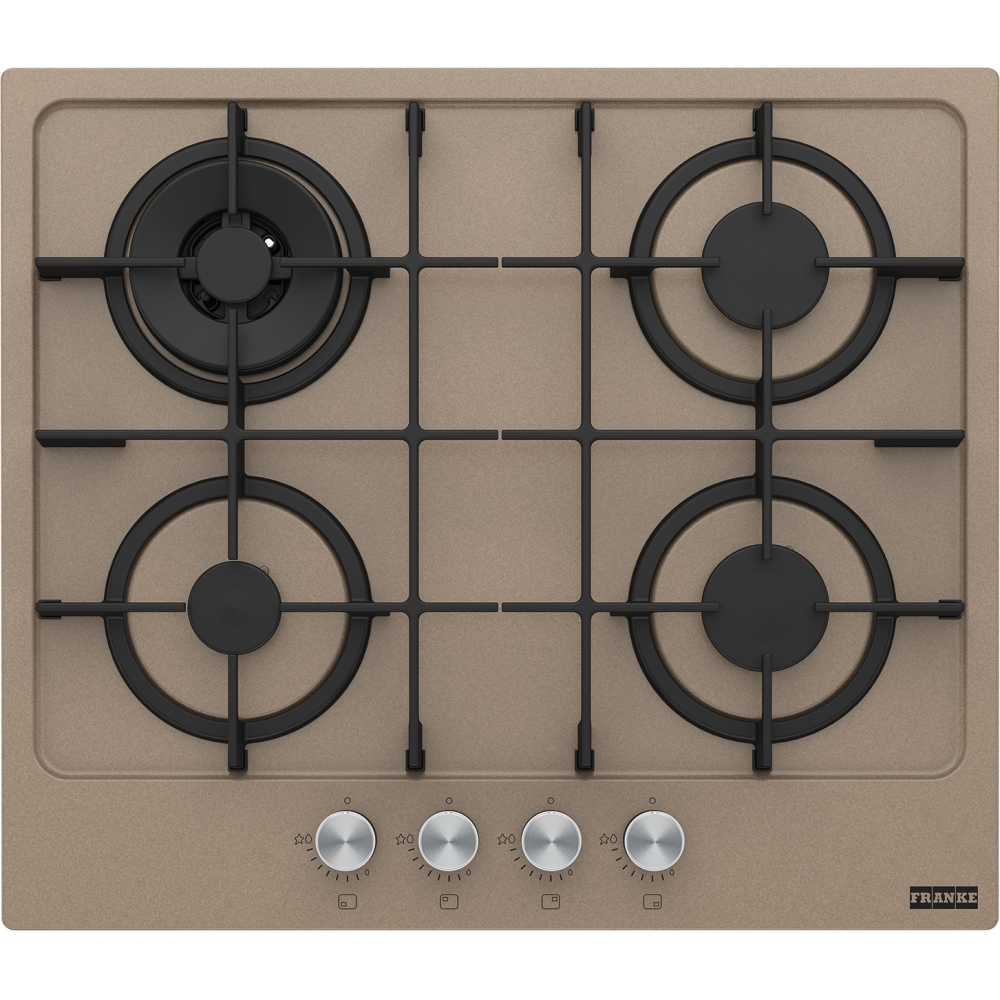 Beżowa płyta gazowa z czterema czarnymi palnikami, czarnymi rusztami i srebrnymi pokrętłami.