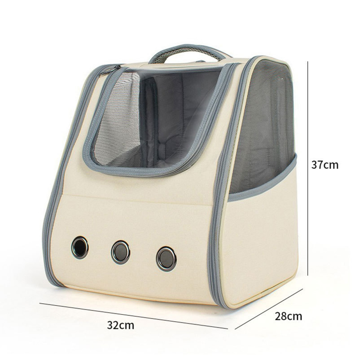 Mochila transportadora beige para mascotas. Frente de malla, tres agujeros, dimensiones mostradas.