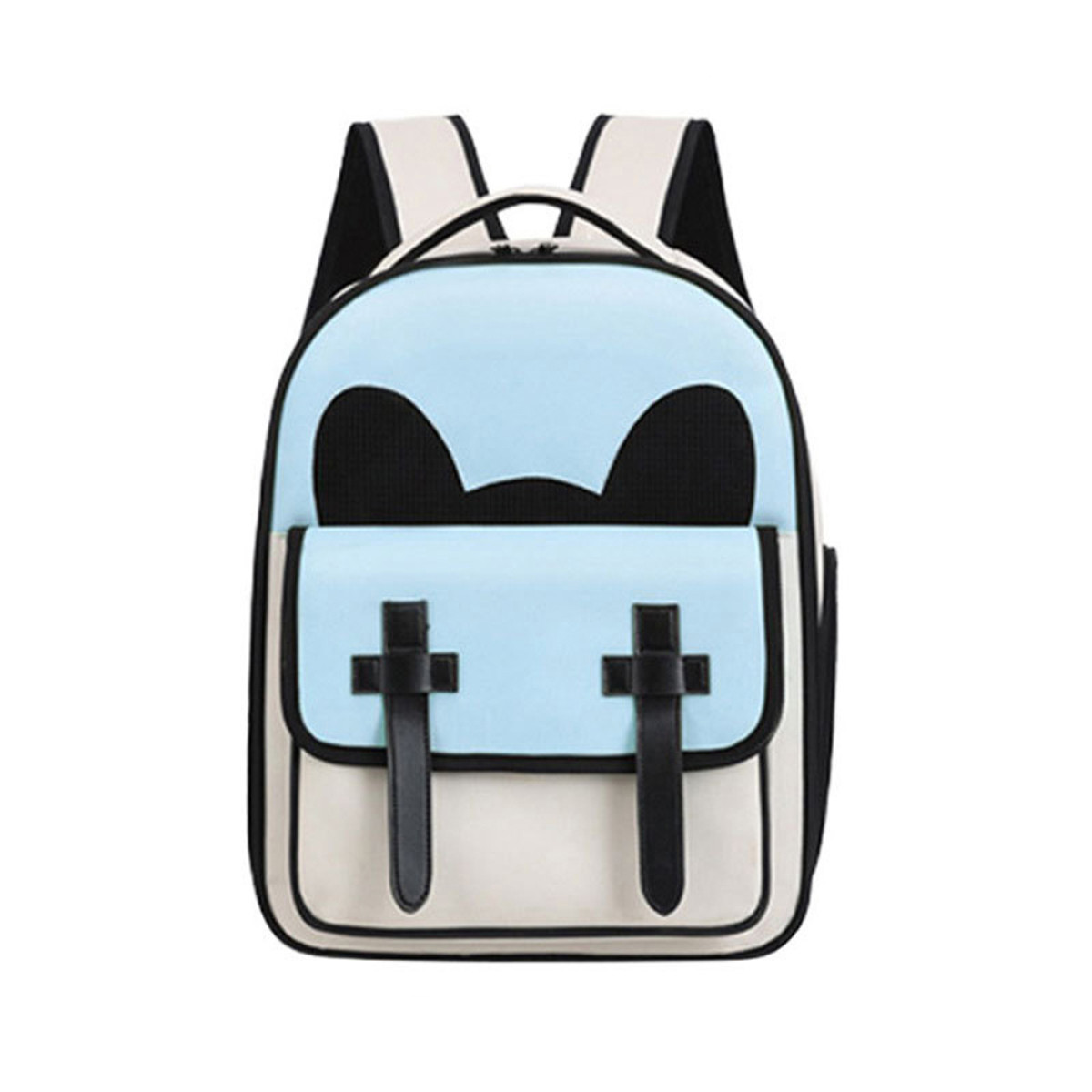 Mochila, parte superior y solapa azules con orejas negras. Parte inferior y correas crema. Hebillas negras.