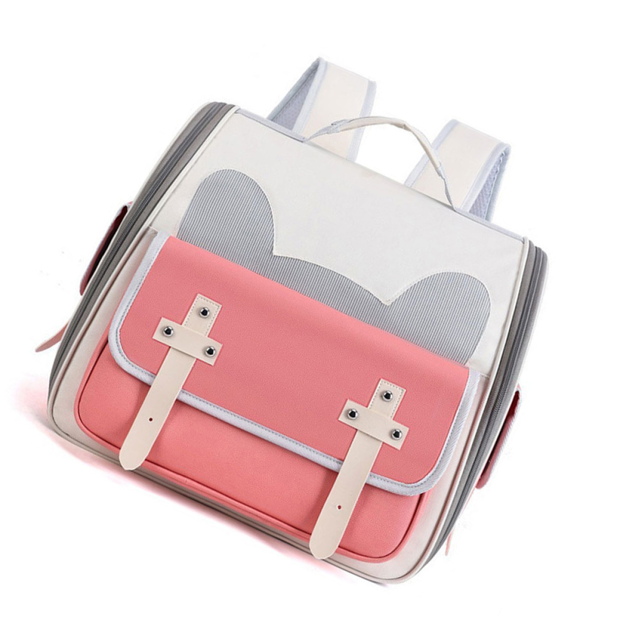 Mochila, solapa rosa, correas crema, con orejas a rayas. Dos hebillas crema. Colores blanco, gris y rosa.