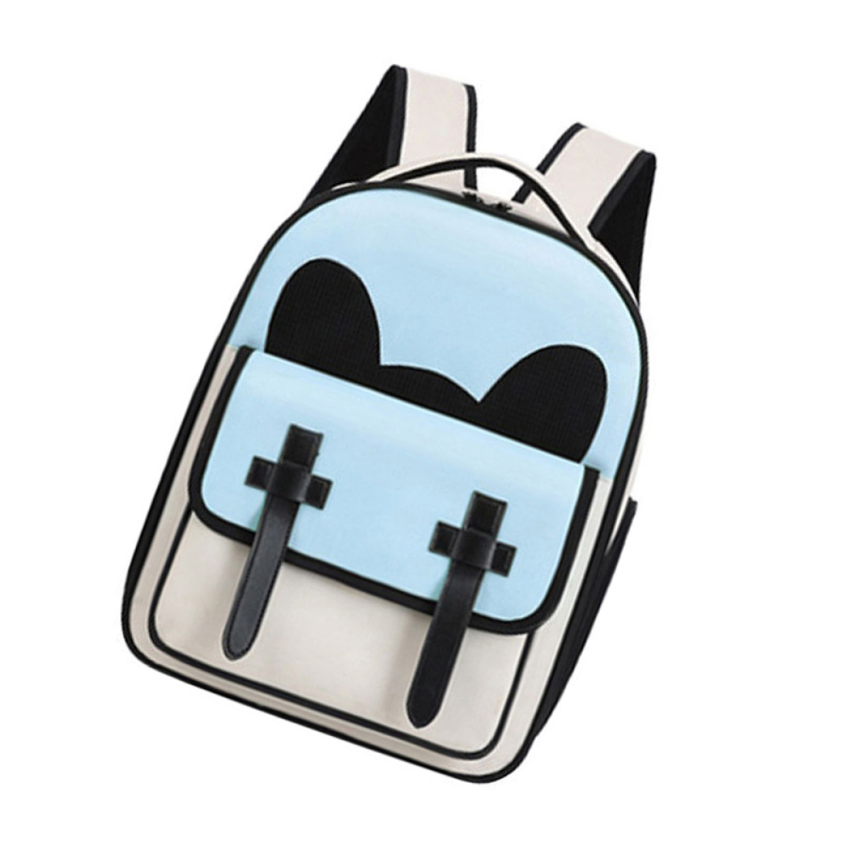 Mochila, parte superior y solapa azules con orejas negras. Parte inferior y correas crema. Hebillas negras.