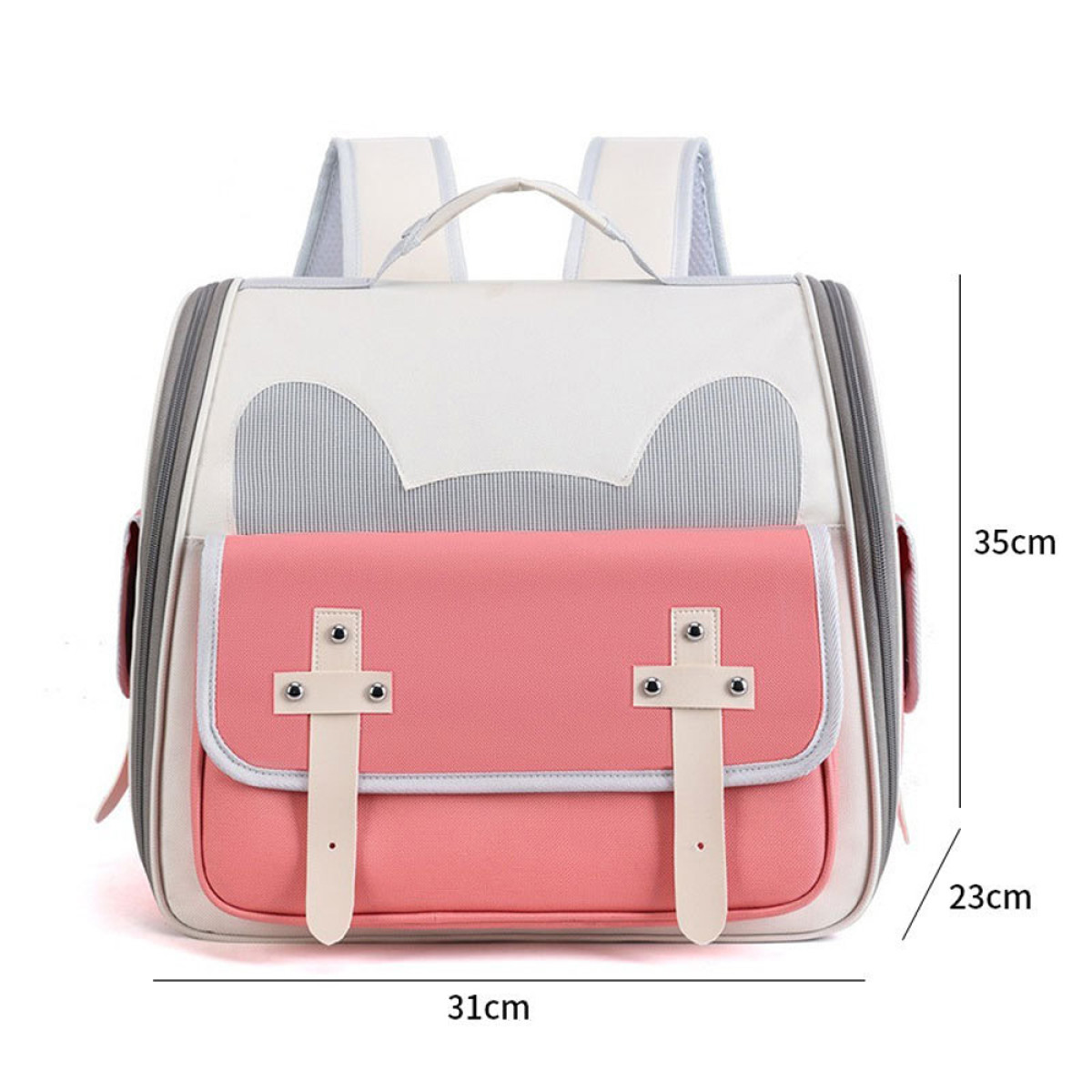 Mochila para mascotas rosa y gris con solapa rosa, correas blancas e indicadores de medidas.