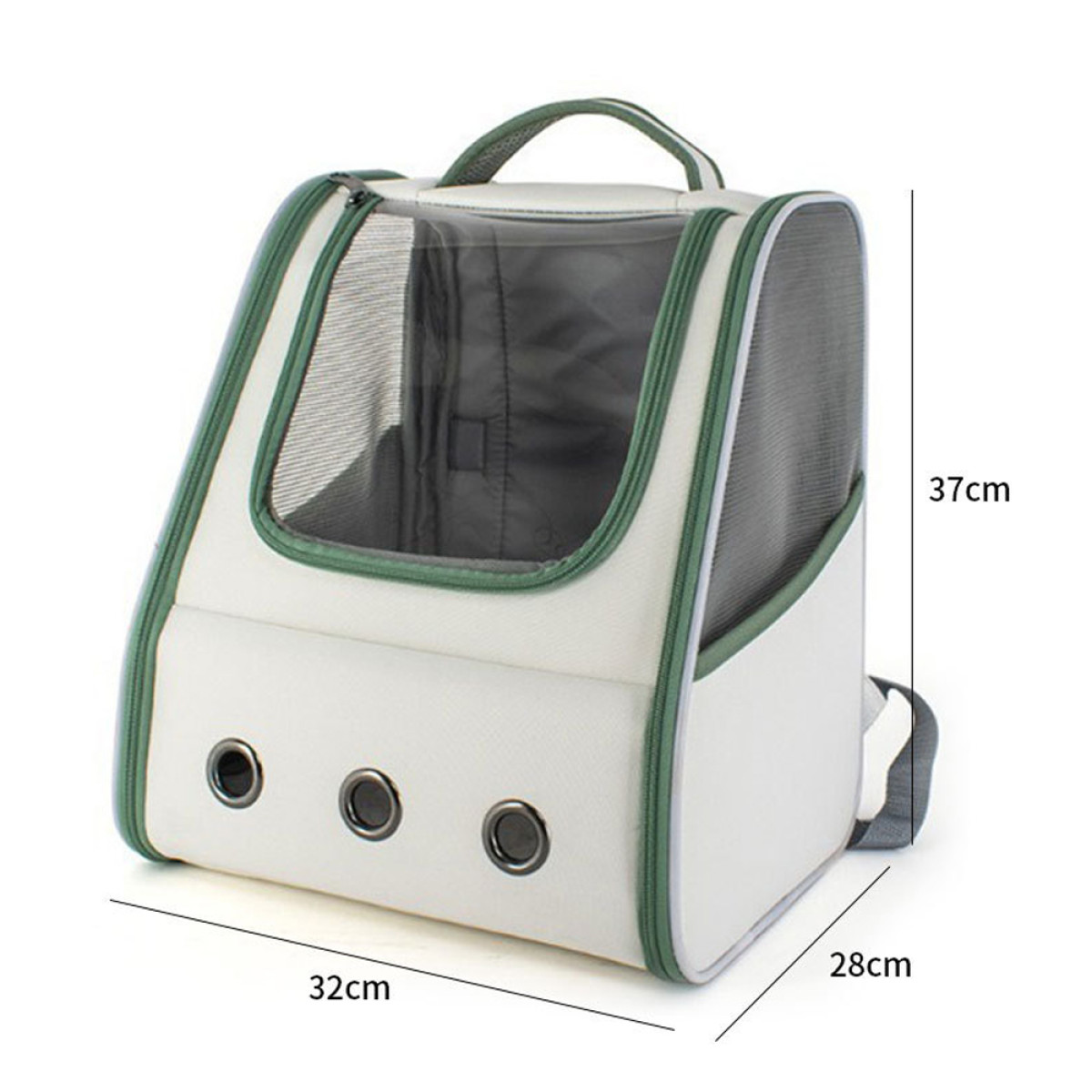 Mochila transportadora para mascotas blanca y verde con ventanas de malla, tres orificios de ventilación y dimensiones: 32x28x37 cm.