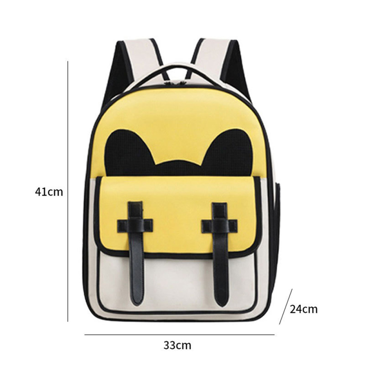 Mochila amarilla y blanca con detalles negros, correas negras y solapa amarilla. Se muestran las dimensiones.