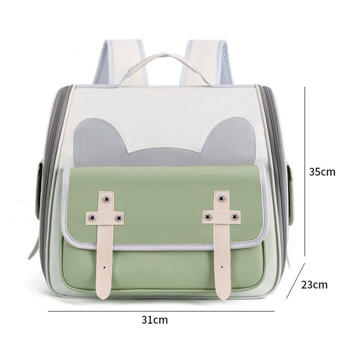 Mochila con una sección superior blanca, un bolsillo frontal verde y lados grises. Se muestran las dimensiones.