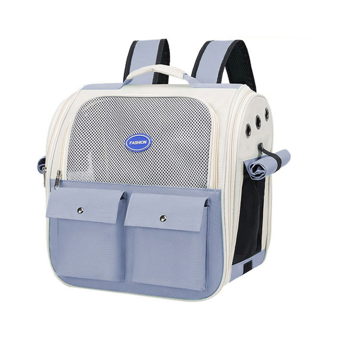 Mochila transportadora para mascotas, blanca y azul con malla, bolsillos y asa. Se ve la palabra 'FASHION'.
