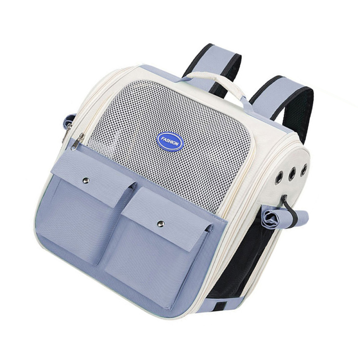 Mochila transportadora para mascotas en ángulo. Es blanca y azul, con malla, bolsillos y asa. 