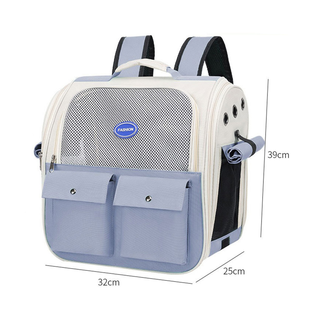 Mochila transportadora para mascotas, blanca y azul, con malla, bolsillos y asa. Dimensiones: 32x25x39 cm.
