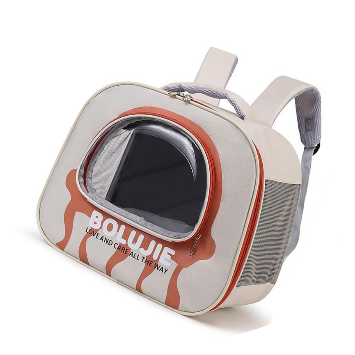 Crèmekleurige dieren draagtas met een rond venster en de tekst 'BOLUJIE LOVE AND CARE ALL THE WAY'.