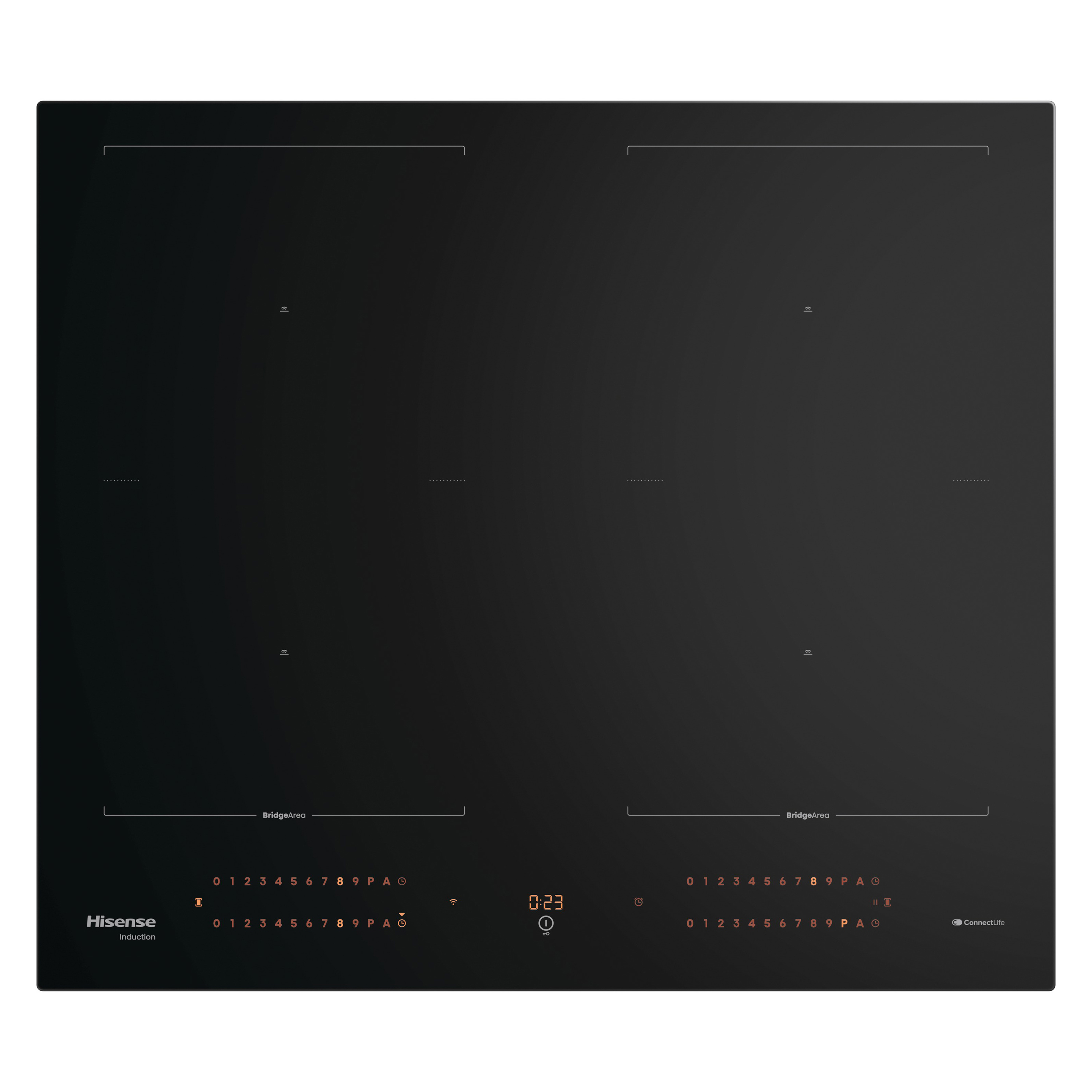 Placa de inducción negra con controles táctiles iluminados y marca Hisense. Presenta una pantalla de temporizador digital.