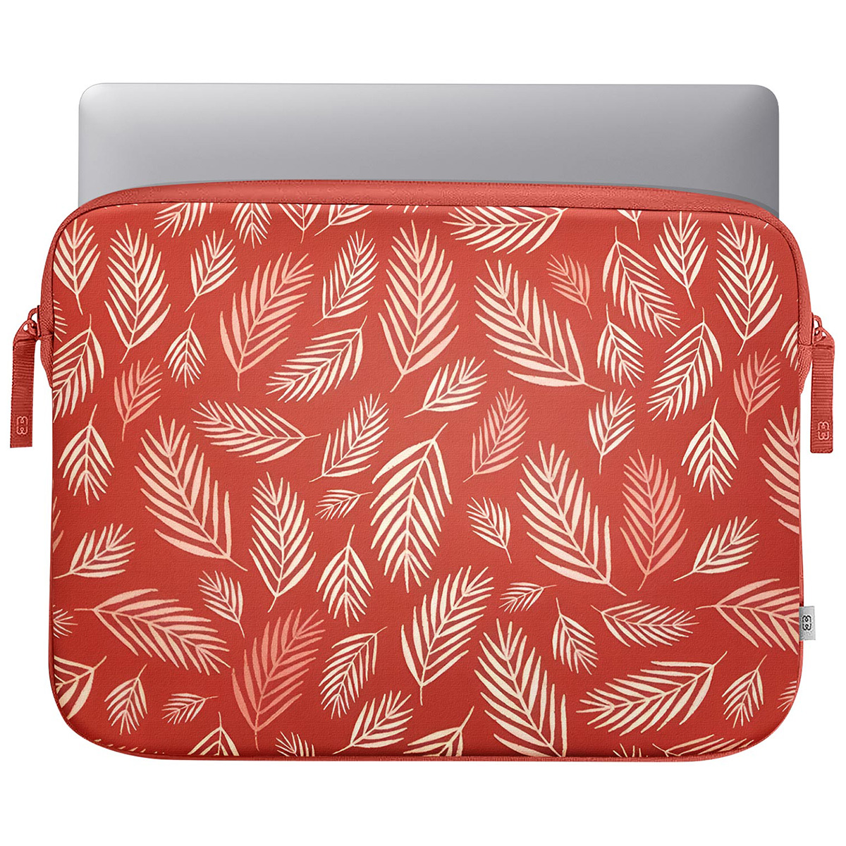 Red laptop sleeve with a pattern of white leaves. Zipper closure and two small handles on each side.