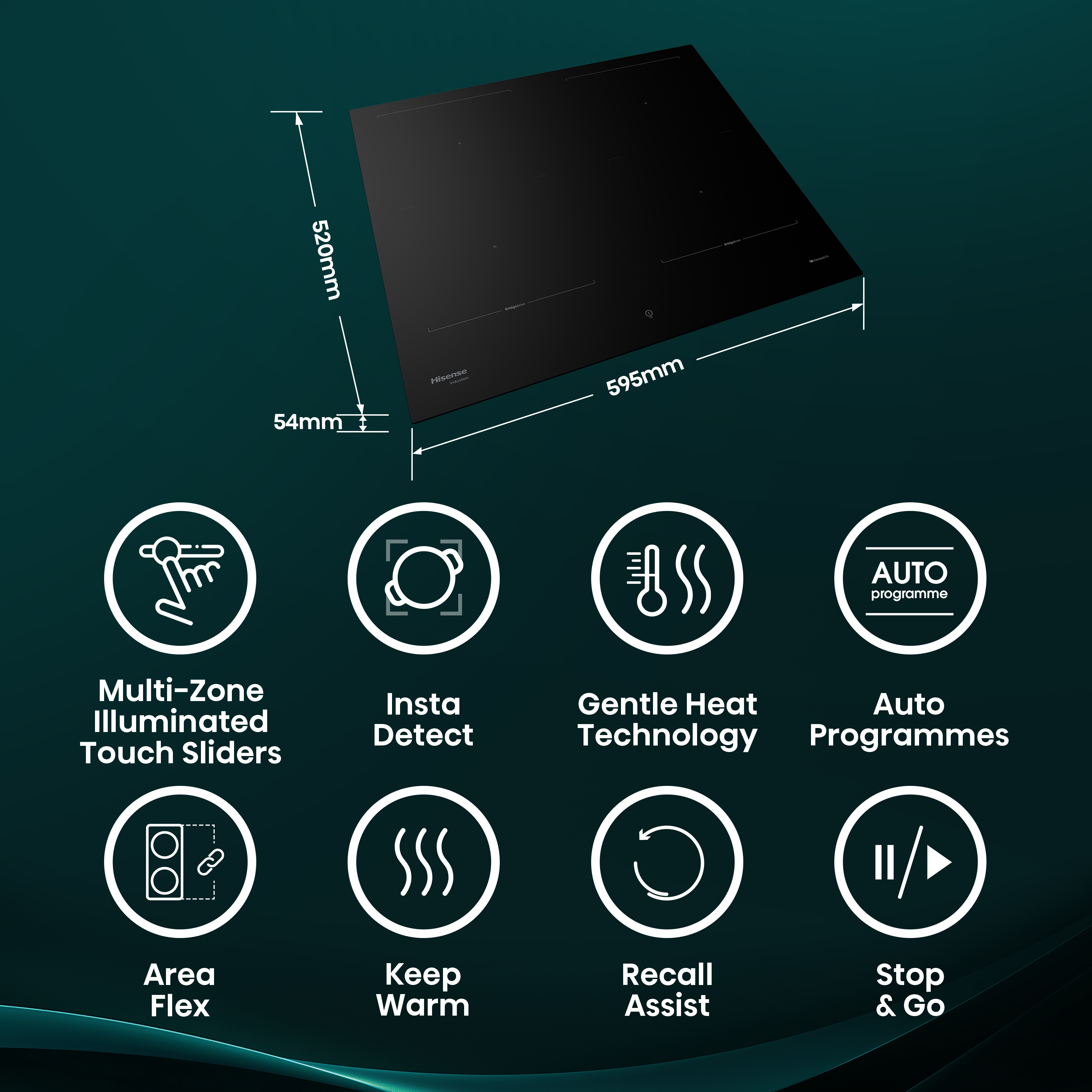 Placa de inducción negra con dimensiones e iconos de control.